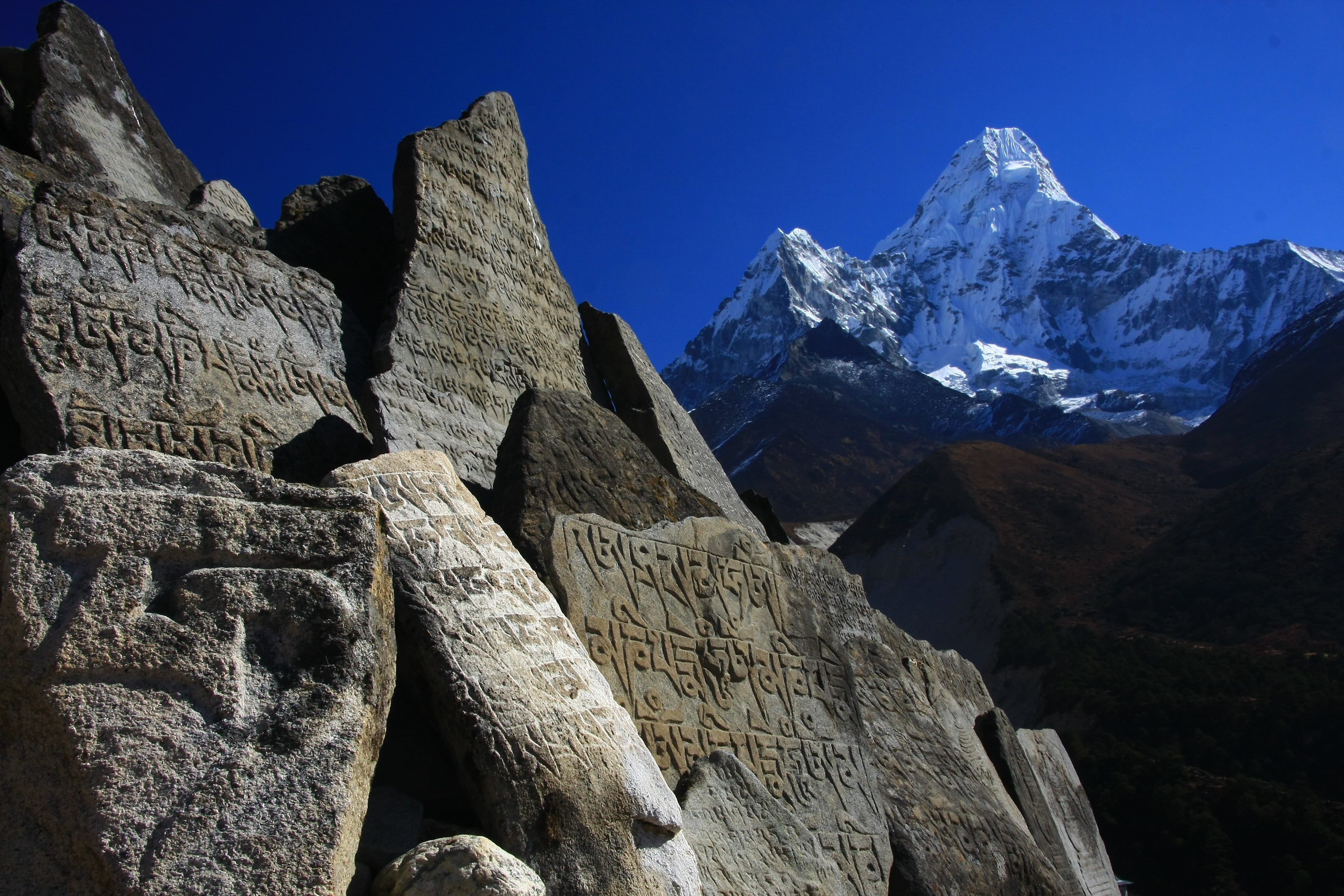 blue, nepal, landscape, beauty in nature, environment, carved, scenics - nature, snowcapped mountain, solu khumbu, travel destinations, stones, nature, HD Wallpaper