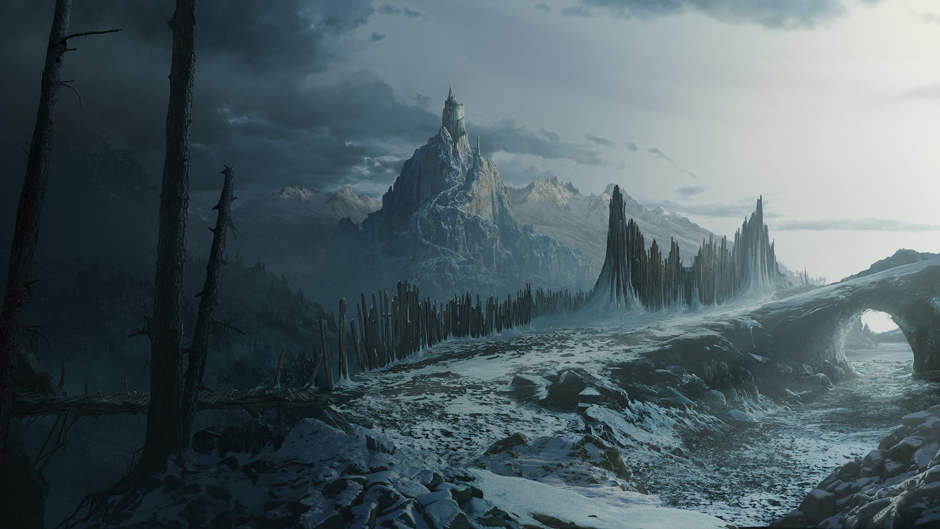 hd, fantasy, 1080P, mountain, landscape, arch, castle, snow, HD Wallpaper