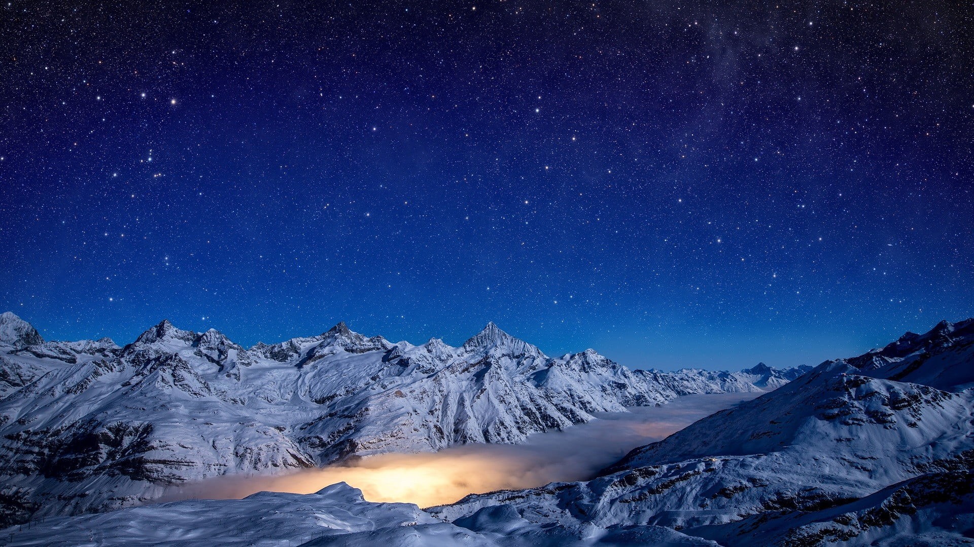 Switzerland, Alps, sky, mist, snowcapped mountain, milky way, blue, astronomy, cold temperature, covered, mountain, 1080P, nature, star - space, no people, HD Wallpaper