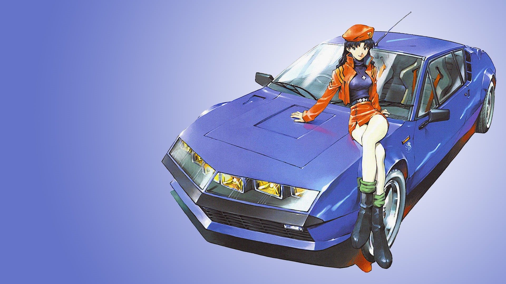 berets, futuristic, colored background, skirt, boat, 1080P, gray, boots, blue, one person, clear sky, occupation, adult, men, Katsuragi Misato, Renault Alpine, HD Wallpaper