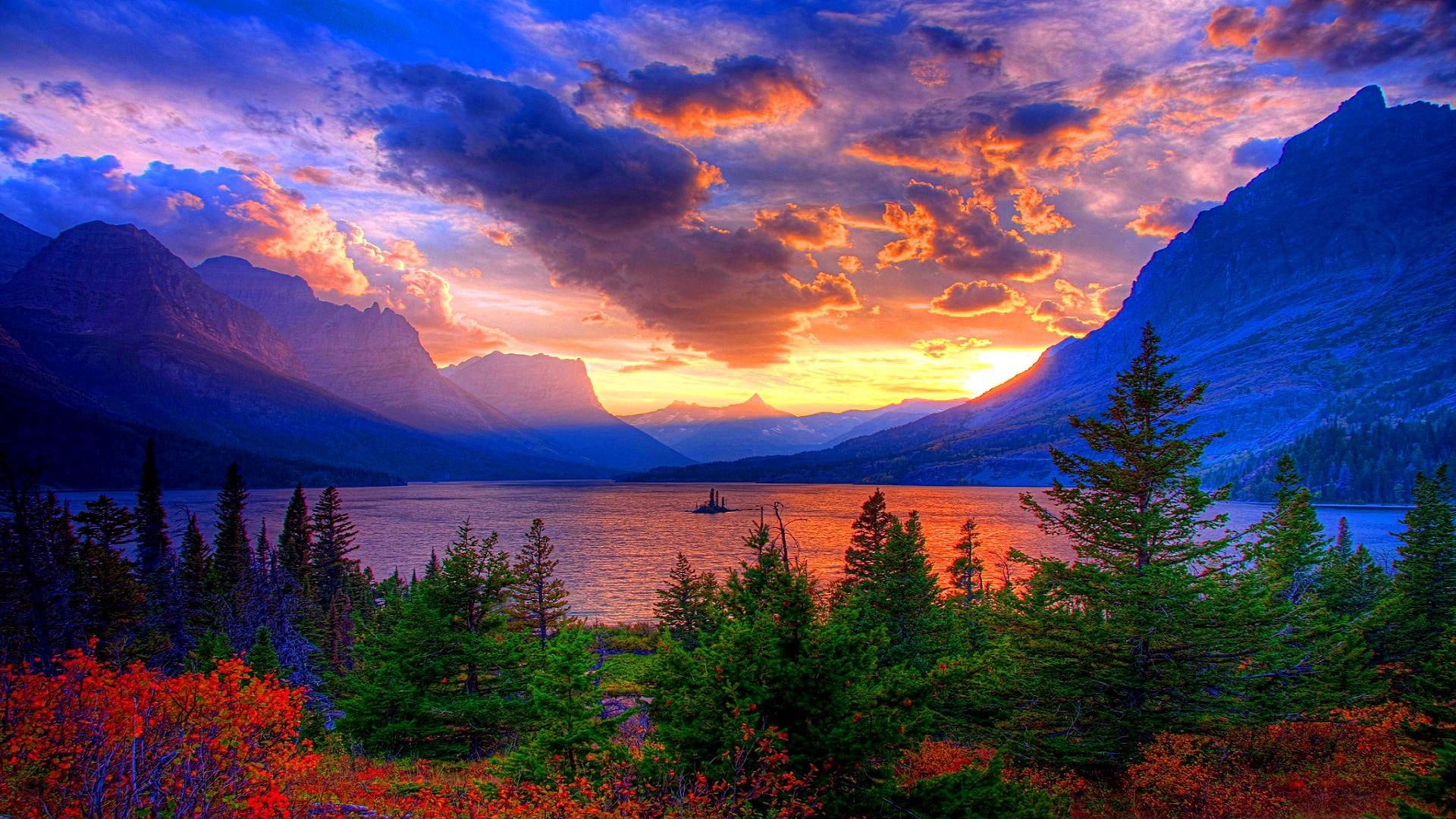 saint mary lake, mountains, sunset, beautiful, united states, 1080P, stunning, landscape, scenery, pines, montana, clouds, captivating, HD Wallpaper