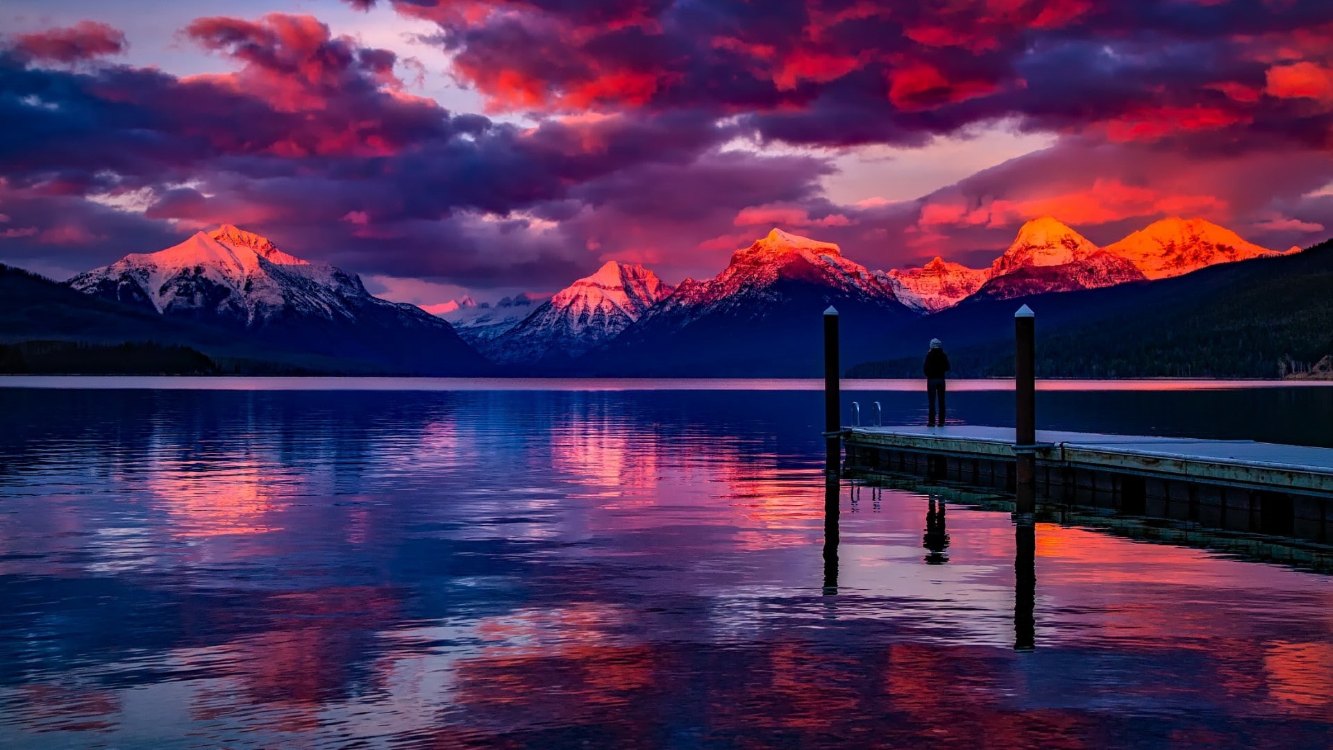 reflection, cloud, dusk, united states, red sky, water, sunset, evening, sky, national park, 1080P, montana, afterglow, dock, lake, lake mcdonald, glacier national park, HD Wallpaper
