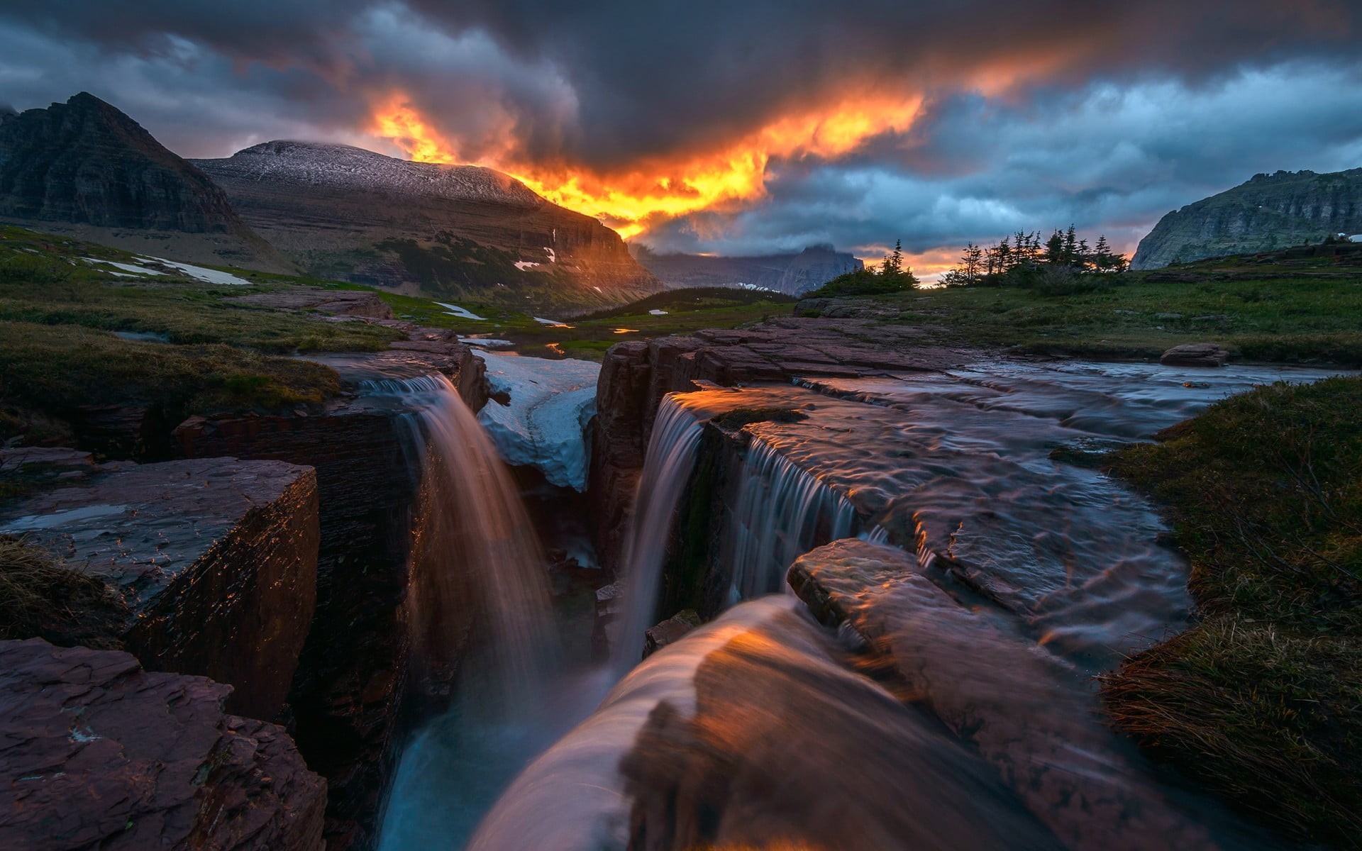 water, flowing, blurred motion, rock, beauty in nature, trees, USA, travel destinations, Glacier National Park, mountain, long exposure, grass, motion, HD Wallpaper