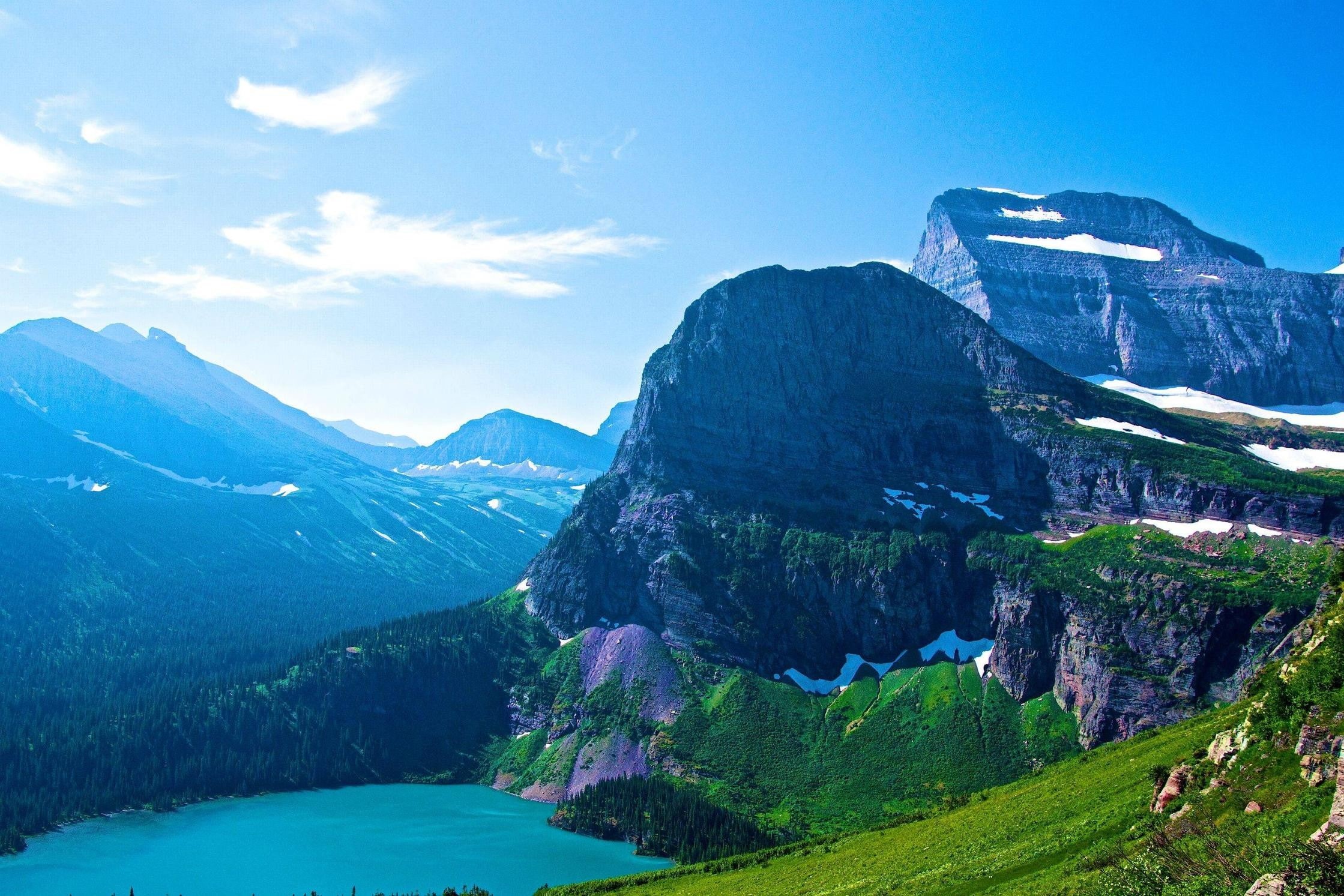pine tree, mountain peak, Montana, no people, plant, nature, outdoors, snowcapped mountain, tranquil scene, mountains, water, non-urban scene, day, 1080P, HD Wallpaper