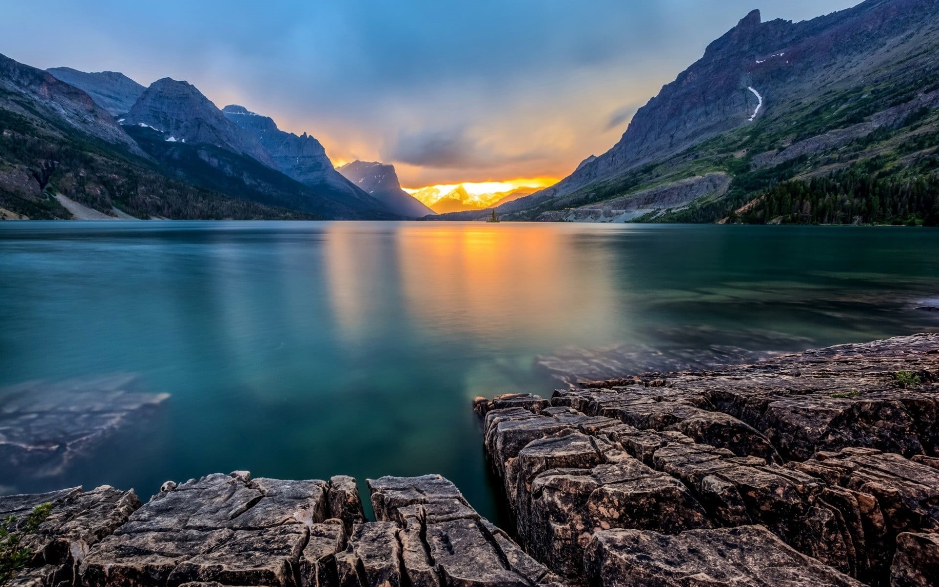 lake, calm, mountains, water, idyllic, cloud - sky, 1080P, landscape, tranquil scene, tranquility, Saint Mary Lake, no people, rock - object, rock, nature, HD Wallpaper