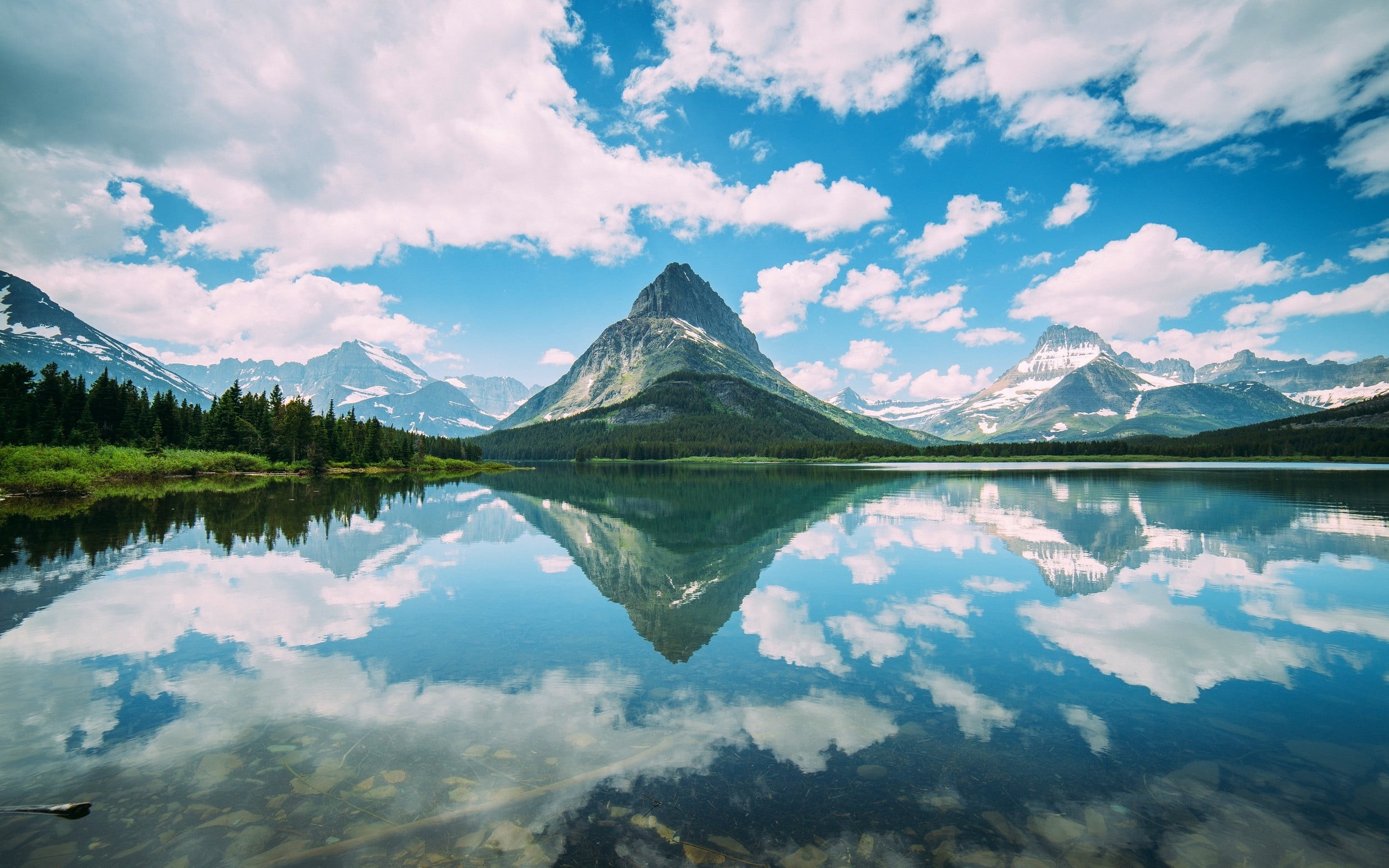 reflection, cloud - sky, day, symmetry, tranquil scene, beauty in nature, remote, non-urban scene, mountain peak, water, Glacier National Park, clouds, HD Wallpaper