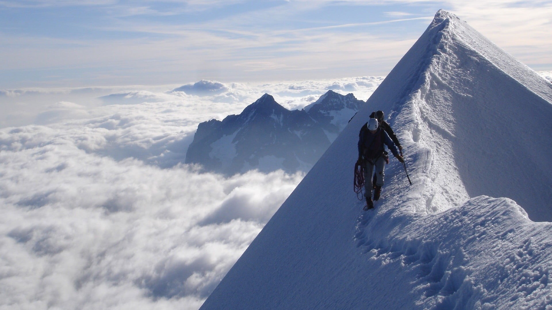 cold temperature, leisure activity, person, snowcapped mountain, adventure, nature, one person, clouds, real people, 1080P, snowy peak, sunlight, sport, HD Wallpaper
