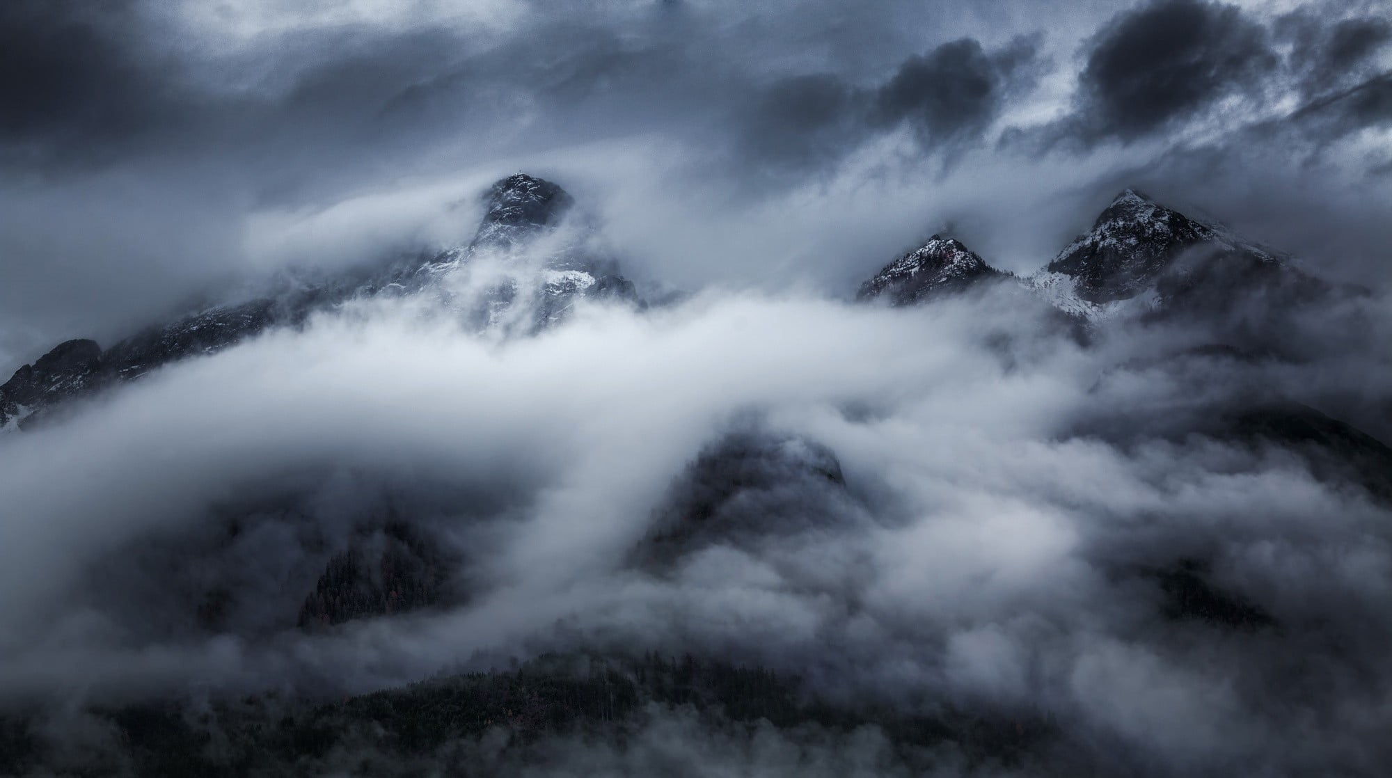 nature, dark, tranquil scene, snowy peak, cloudscape, white, mountains, 1080P, landscape, awe, scenics - nature, no people, clouds, cold temperature, beauty in nature, HD Wallpaper
