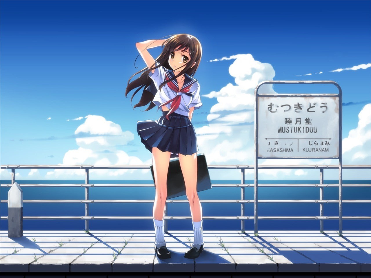 720P, windy, original characters, school uniform, anime girls, HD Wallpaper