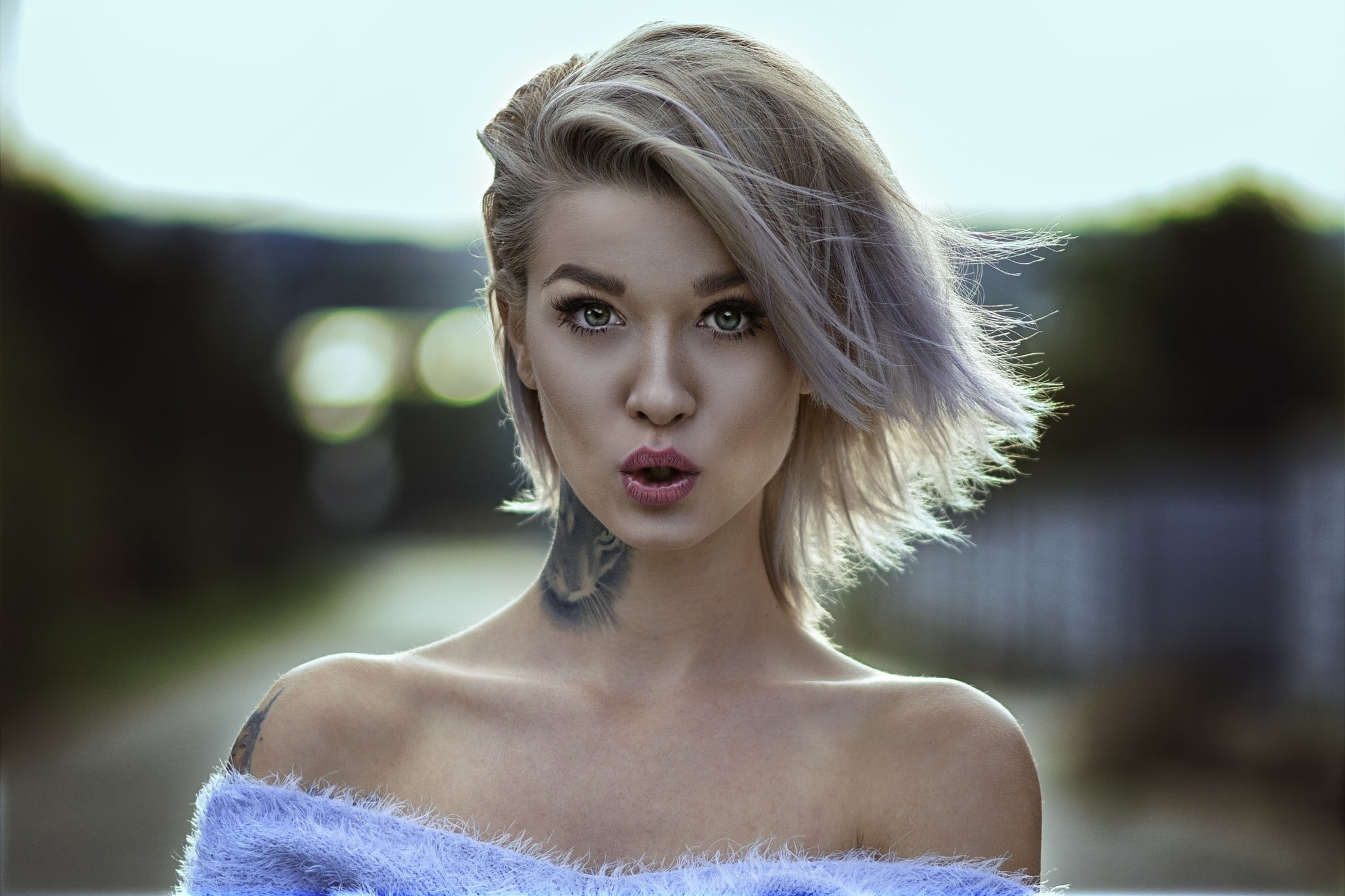 hairstyle, windy, make-up, women, beauty, one person, focus, contemplation, fashion, human face, woman, focus on foreground, green eyes, short hair, lipstick, HD Wallpaper