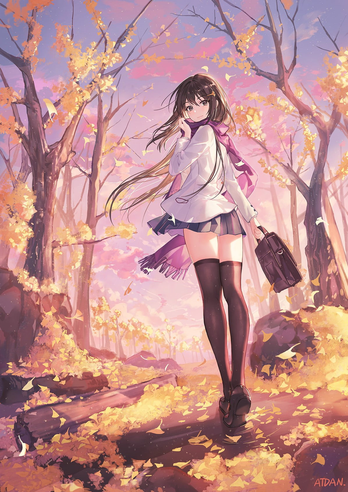 log, illustration, school uniform, digital art, fall, handbags, women, drawing, trees, schoolgirl, skirt, original characters, windy, looking at viewer, Phone HD Wallpaper