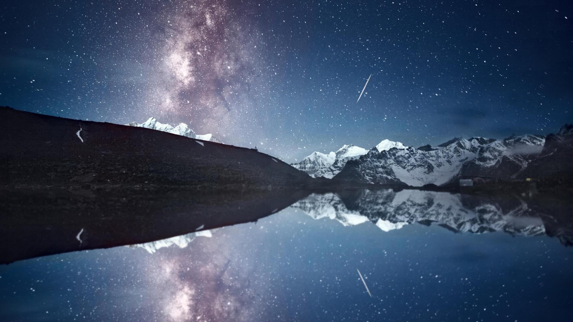 mountain range, lake, phenomenon, star, atmosphere, star field, 1080P, tranquil scene, starry sky, darkness, sky, snow, scenics - nature, photography, HD Wallpaper