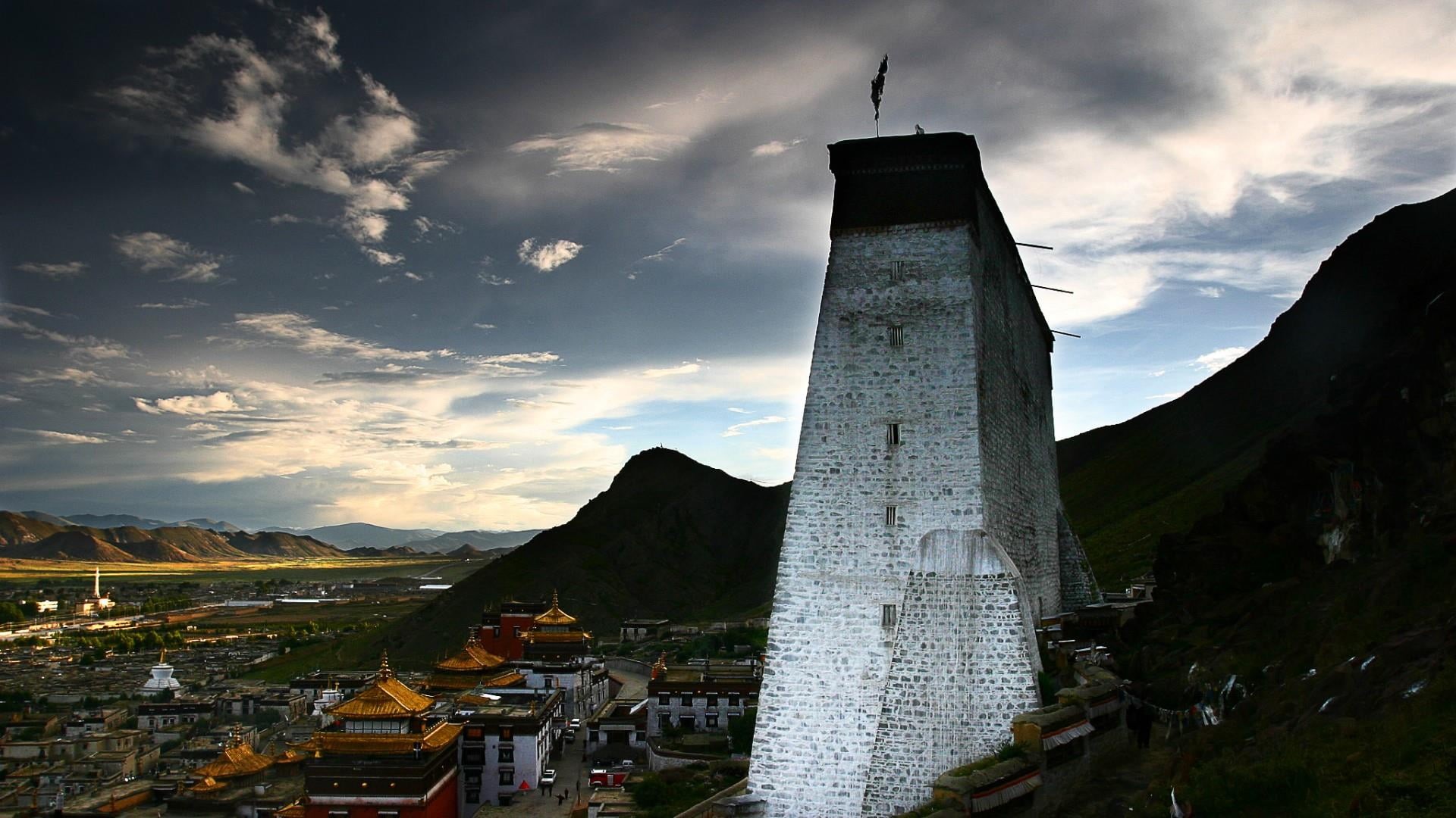 nature, city, 1080P, castle, travel, the past, religion, building, history, cloud - sky, built structure, mountain, building exterior, sky, day, china, HD Wallpaper