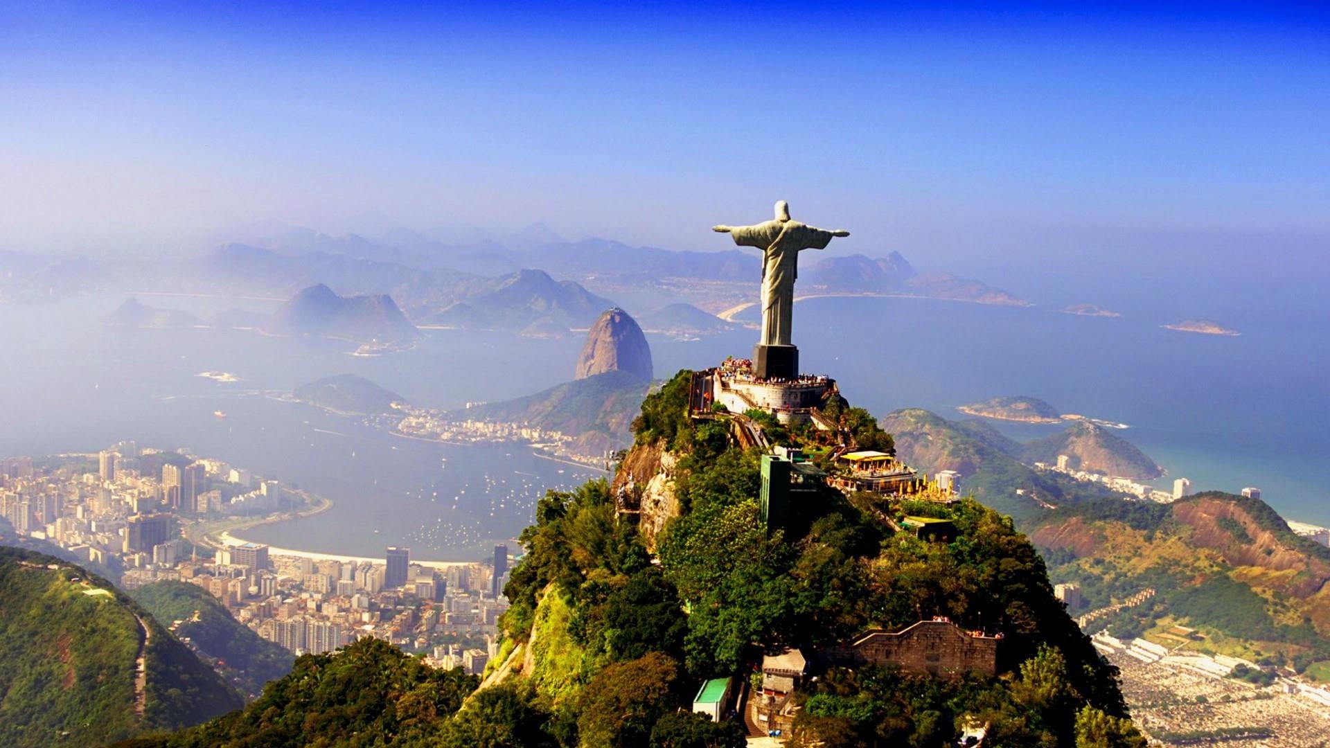 building, travel destinations, tourism, belief, hill, mount scenery, christ the redeemer, mountain, mountainous landforms, aerial photography, historic, HD Wallpaper