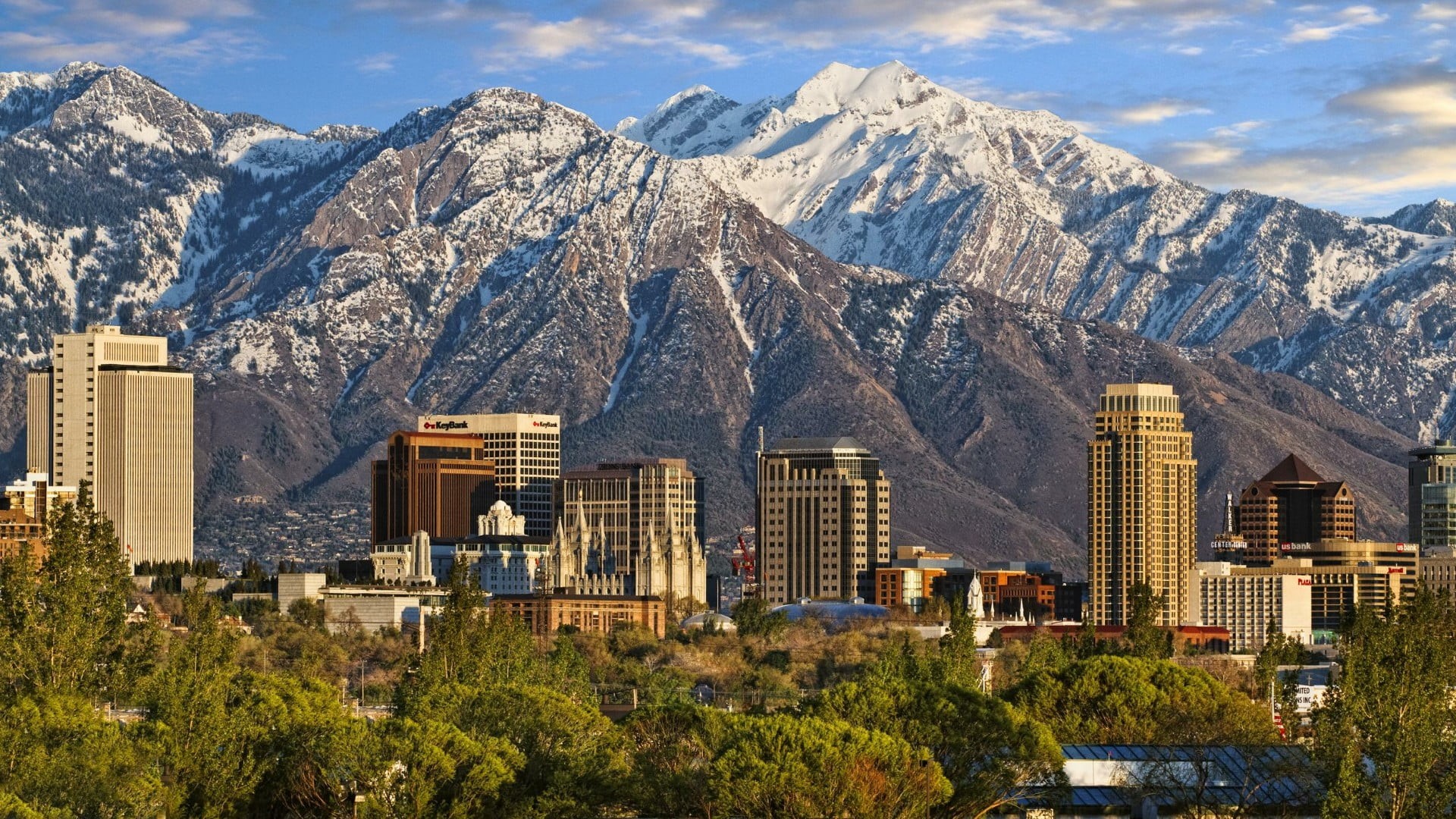 architecture, downtown, snowcapped mountain, building exterior, apartment, no people, wasatch range, building, travel destinations, usa, outdoors, salt lake city, HD Wallpaper