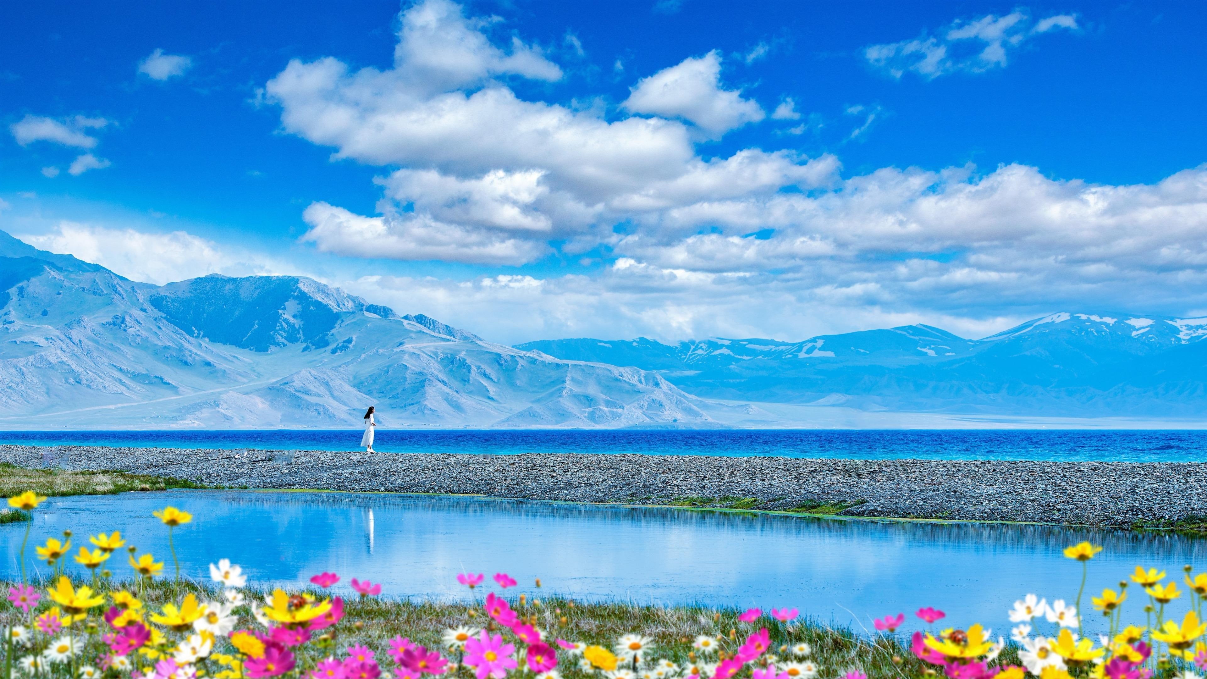 lakes, asia, landscape photography, spring, bortala, lake, bole, woman, blossom, mountains, flower, sayram lake, 4K, mountain range, sky, clouds, mountain lake, HD Wallpaper