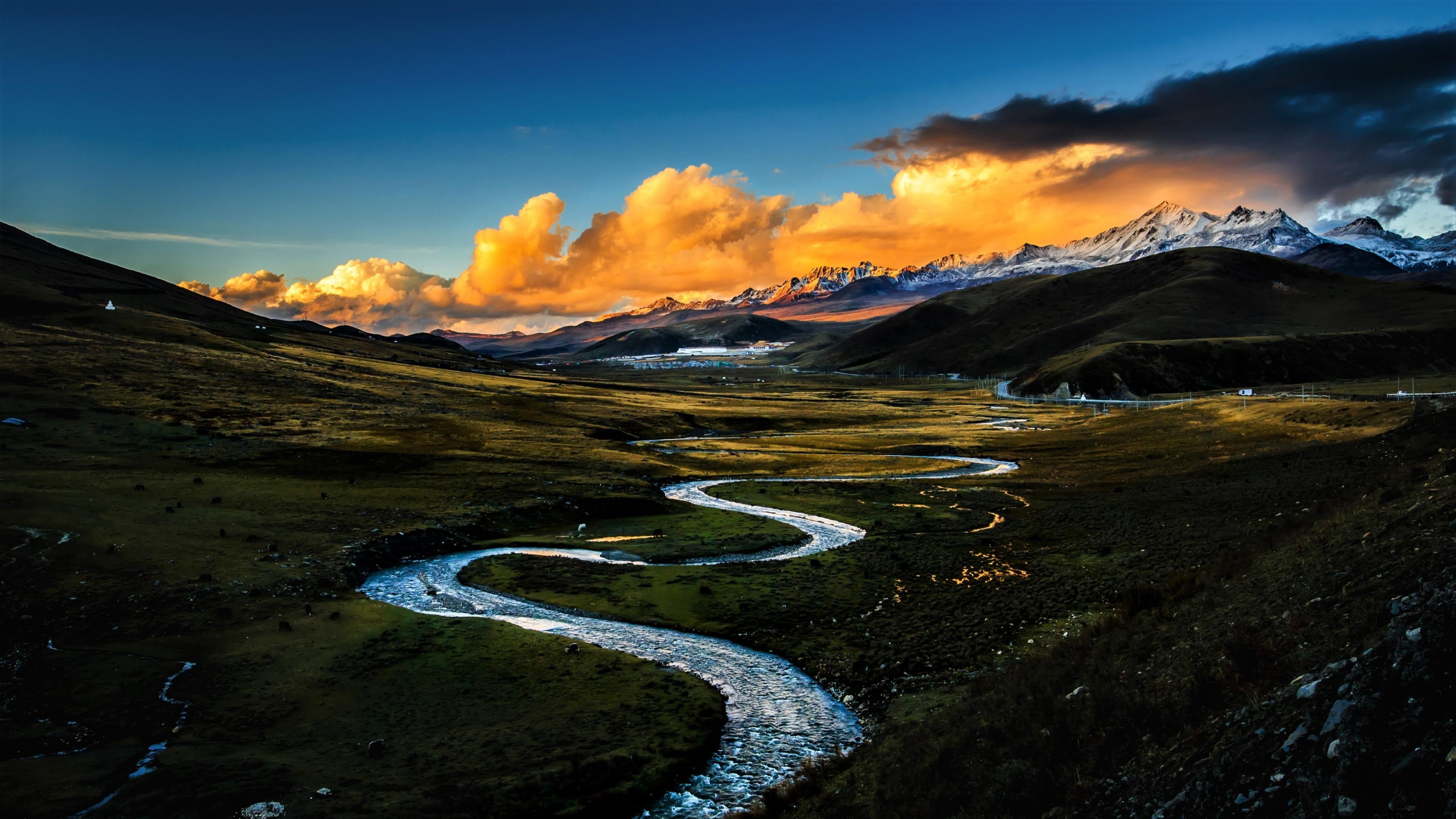 sky, landscape, no people, water, non-urban scene, mugecuo, honghai grassland, nature, outdoors, road, beauty in nature, garze, mountain range, china, mugecuo river, HD Wallpaper