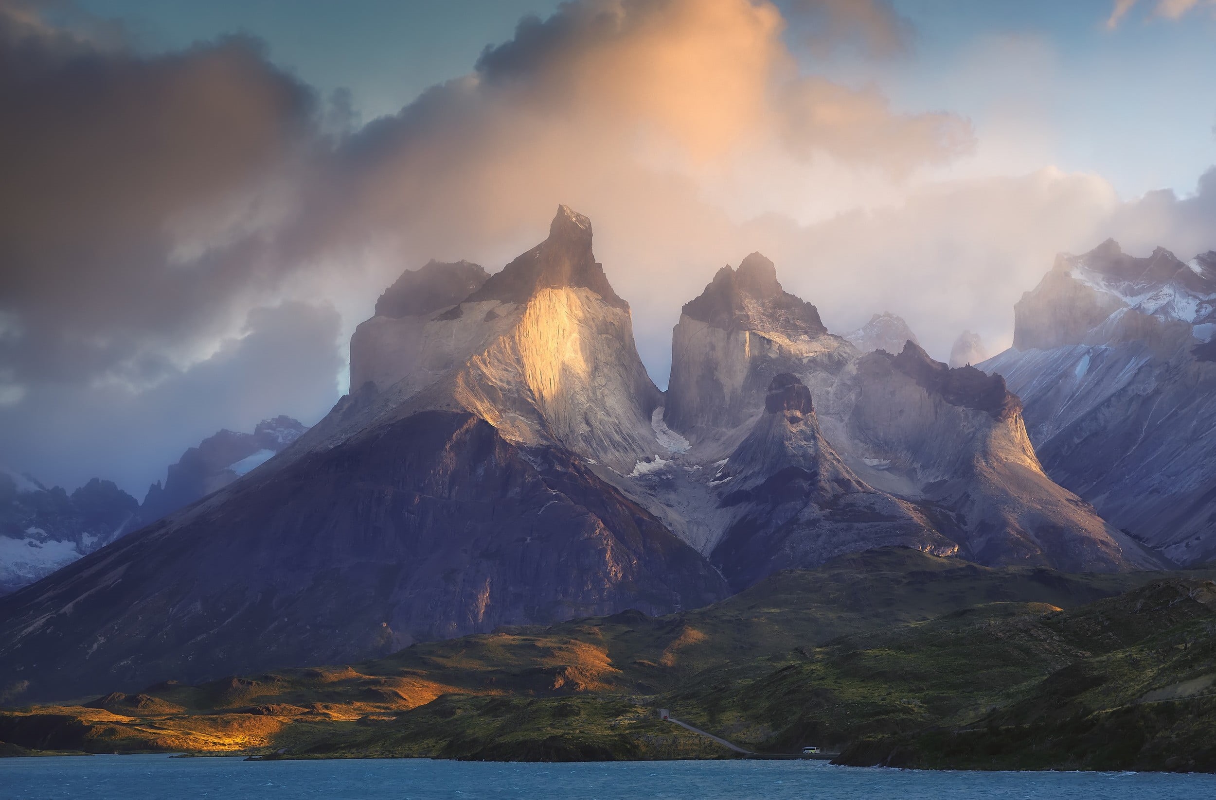 Torres del Paine, cold temperature, landscape, water, national park, non-urban scene, sky, mountains, 1080P, tranquility, mountain range, sunlight, no people, HD Wallpaper
