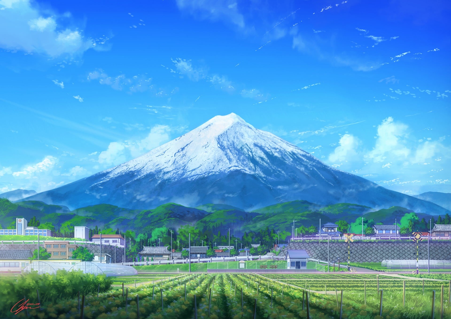 Field, Cloud, Sky, 1080P, Mountain, Mount Fuji, Anime, Scenery, Building, Original, HD Wallpaper