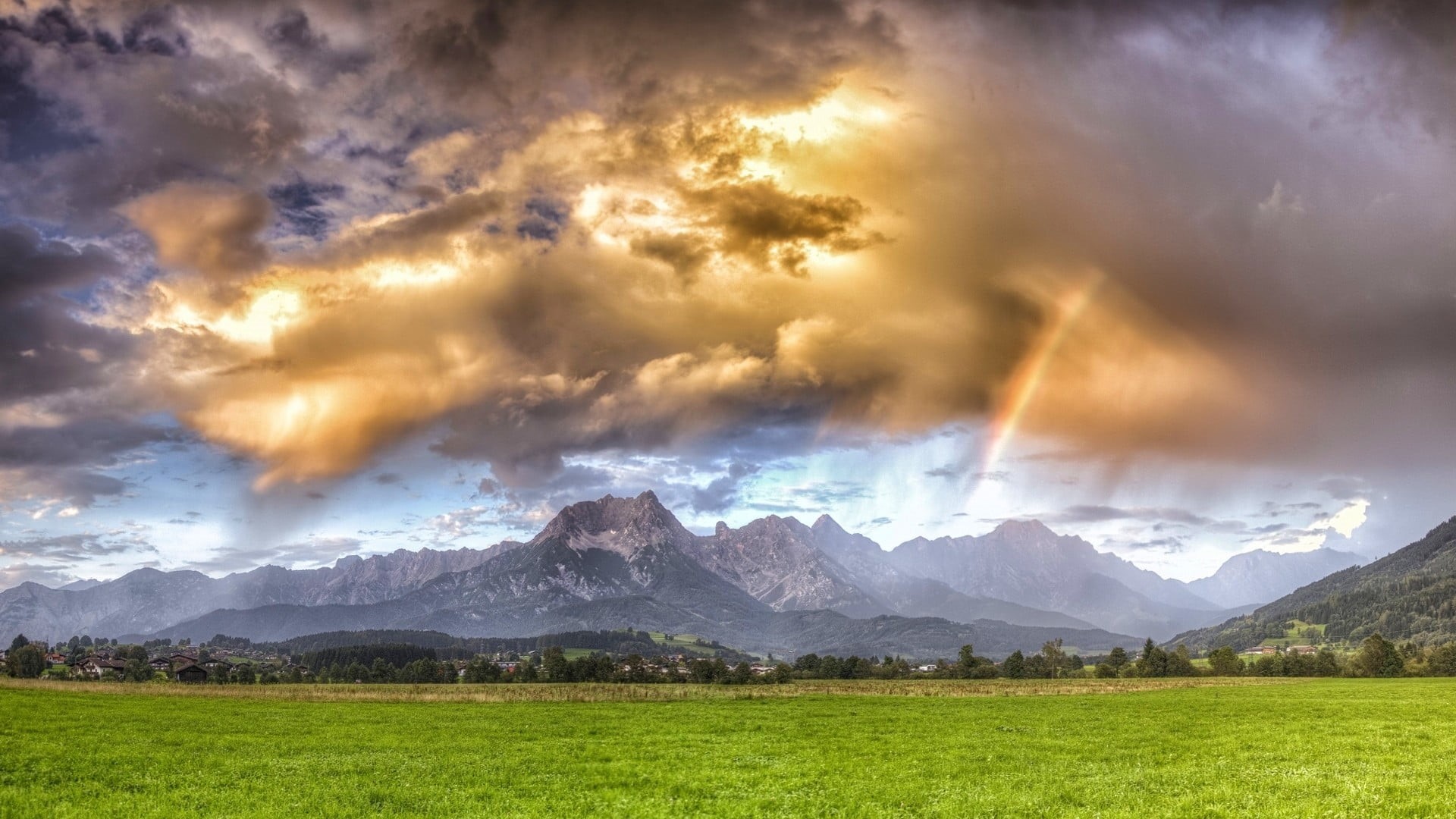 dramatic sky, grass, land, rainbows, green, no people, outdoors, scenics - nature, cloud - sky, landscape, plant, field, mountain range, sunlight, snowcapped mountain, HD Wallpaper