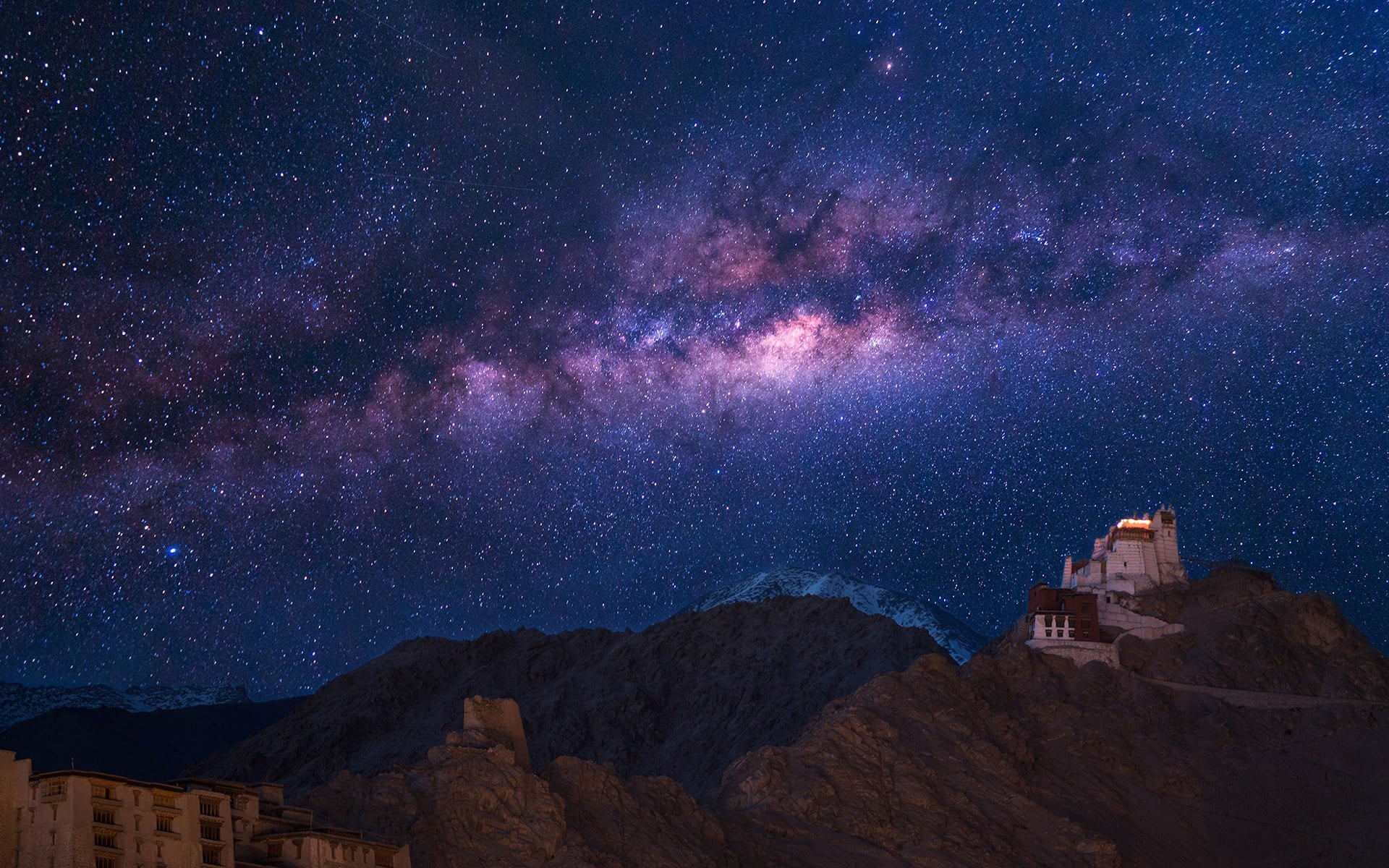 Namgyal Tsemo, 1080P, mountain range, Of Jammu and Kashmir. India, space, travel destinations, the monastery, night, stars, nature, mountain, The Milky Way, HD Wallpaper