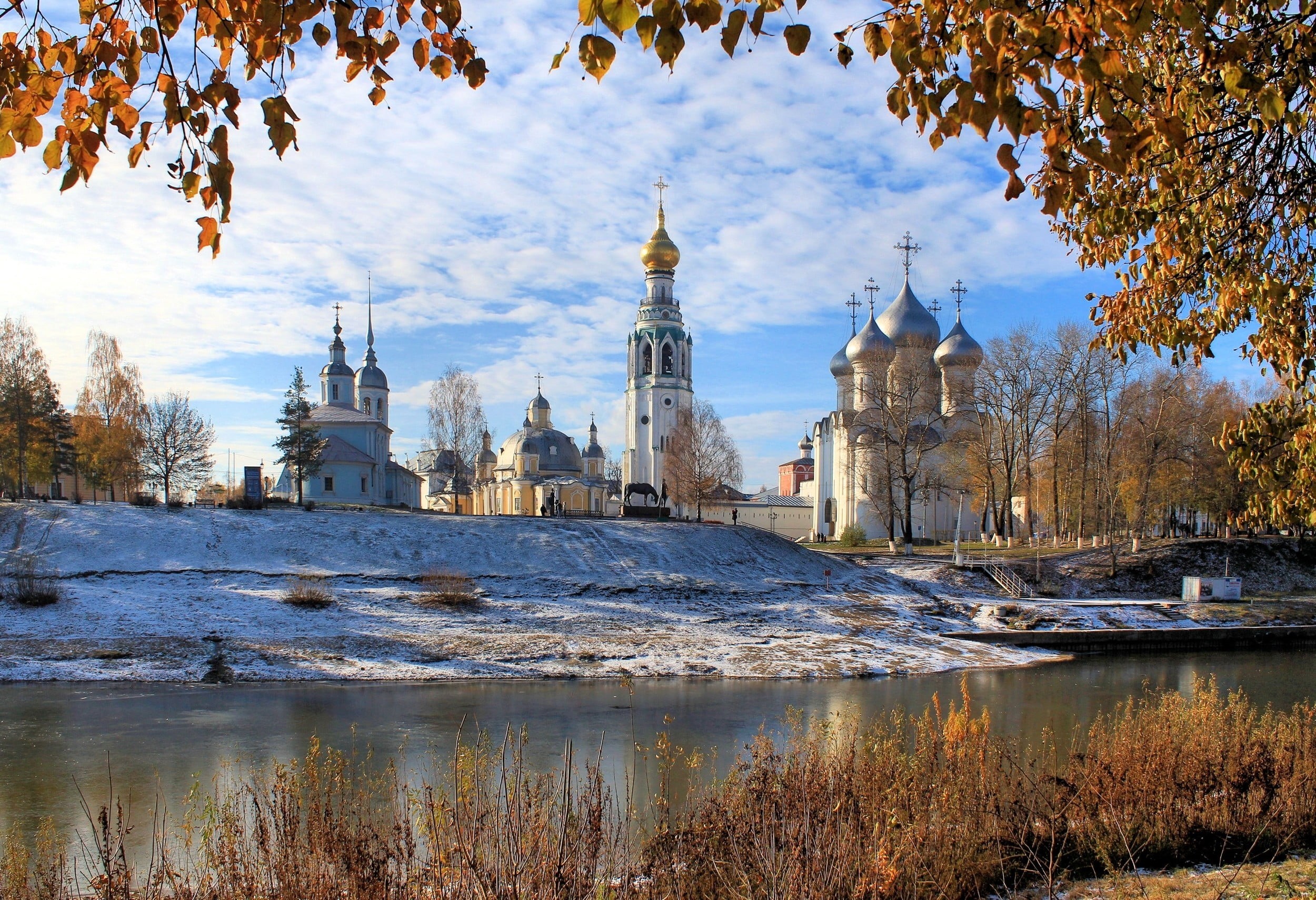 orthodox Church, leaves, tourism, snow, sky, building, belief, orthodox, landscape, reflection, nature, old, 1080P, travel, water, cold temperature, cross, HD Wallpaper