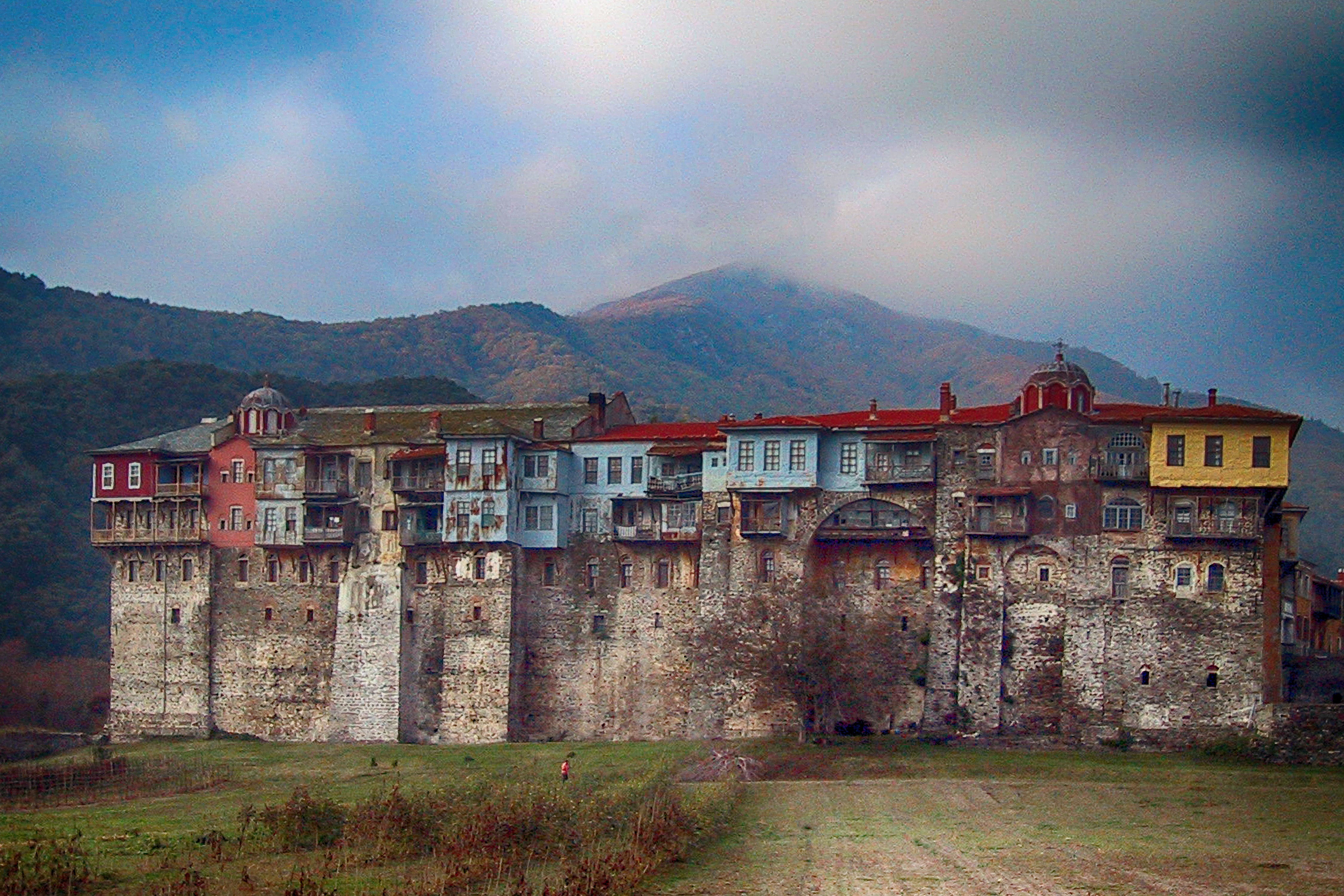 landscape, karyes, scenics - nature, monastery, mountain range, built structure, cloud - sky, building exterior, holy mountain, sky, house, residential district, HD Wallpaper