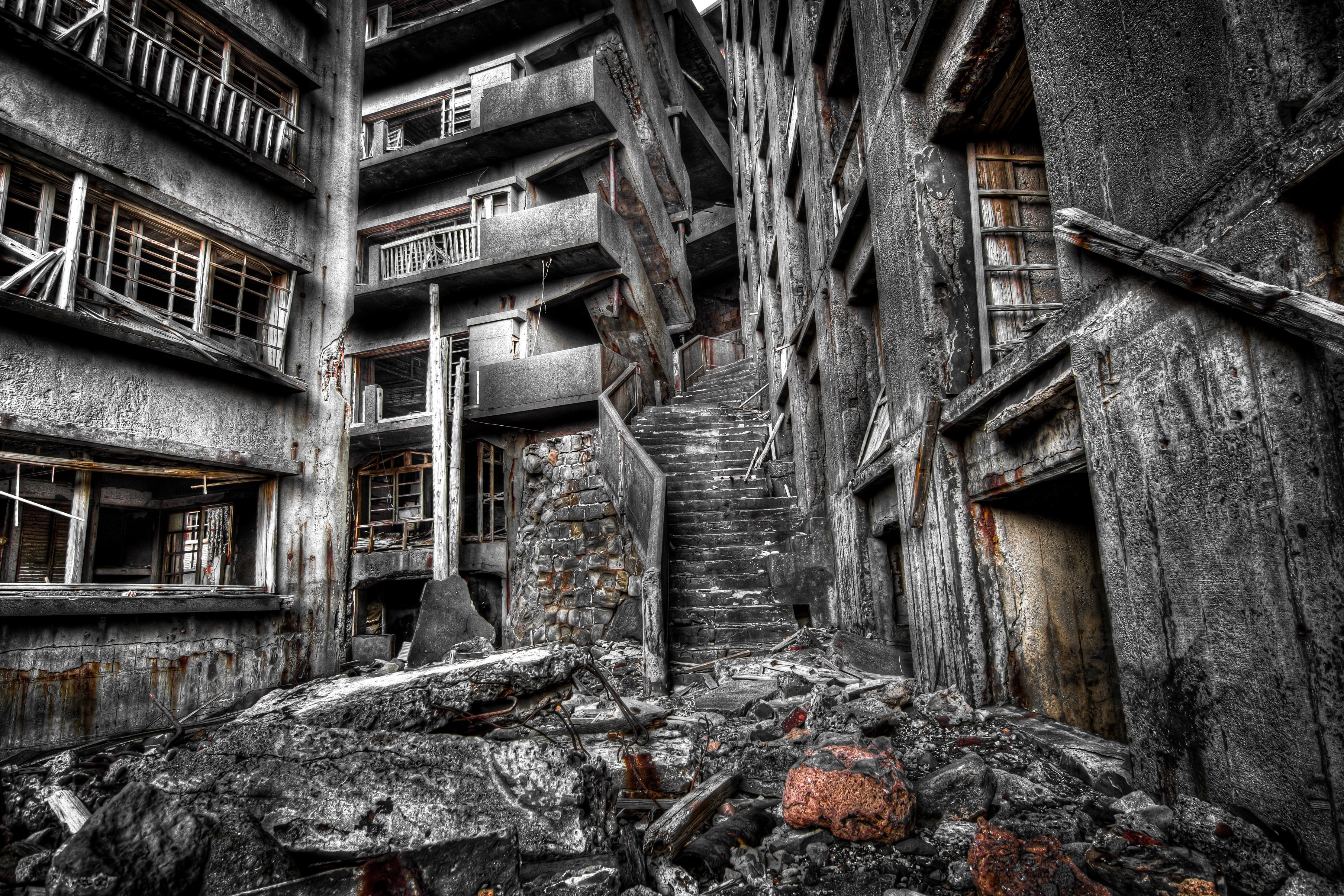 the past, ghost, history, wall - building feature, facility, japan, abandoned, panoramic, town, deterioration, coal, weathered, ghost town, battleship island, HD Wallpaper