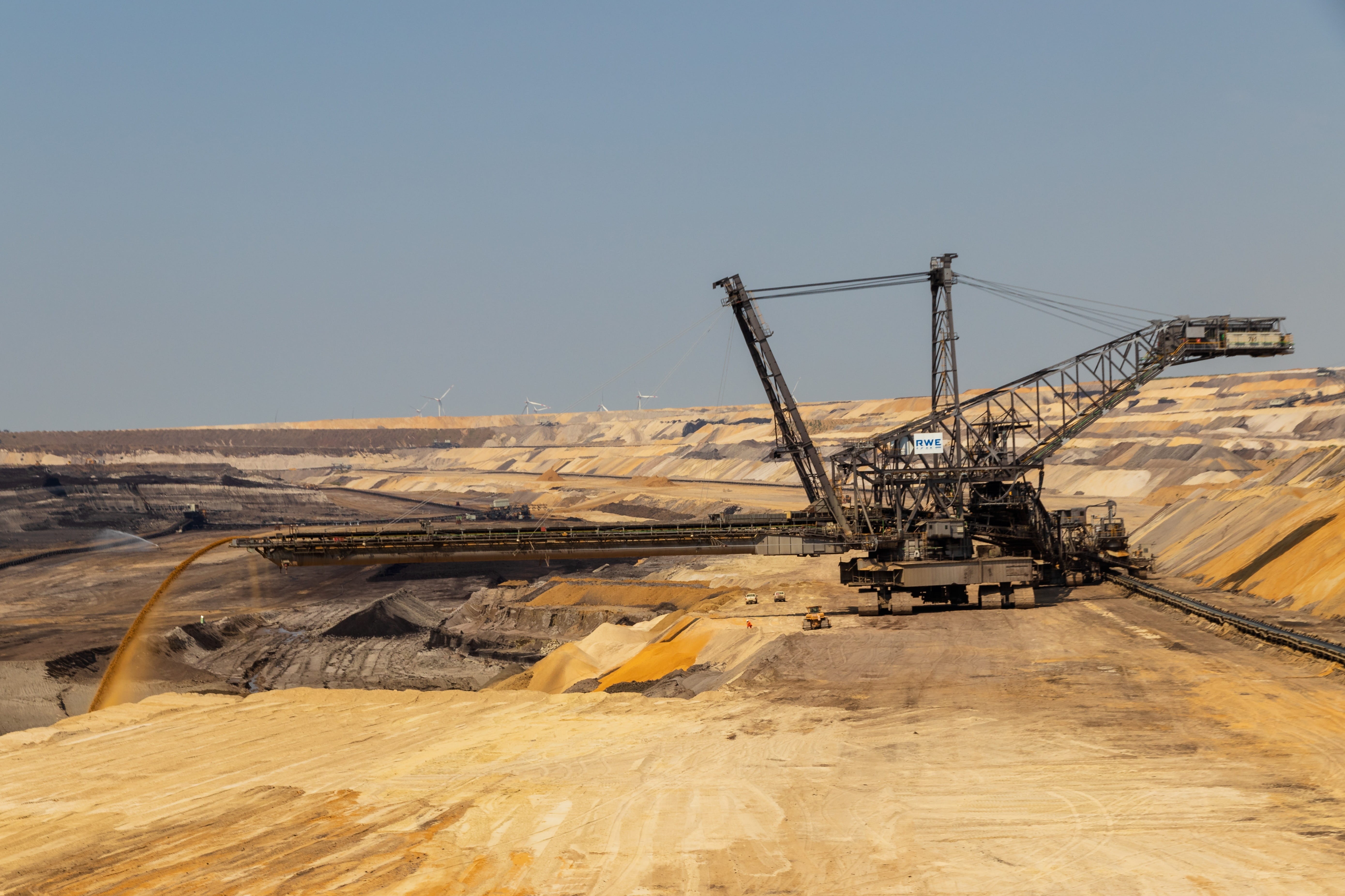 environment, day, brown coal, technology, coal mining, removal, energy, inden, industry, excavators, overburden, quarry, land, sky, conveyor belt, paddle wheel, HD Wallpaper