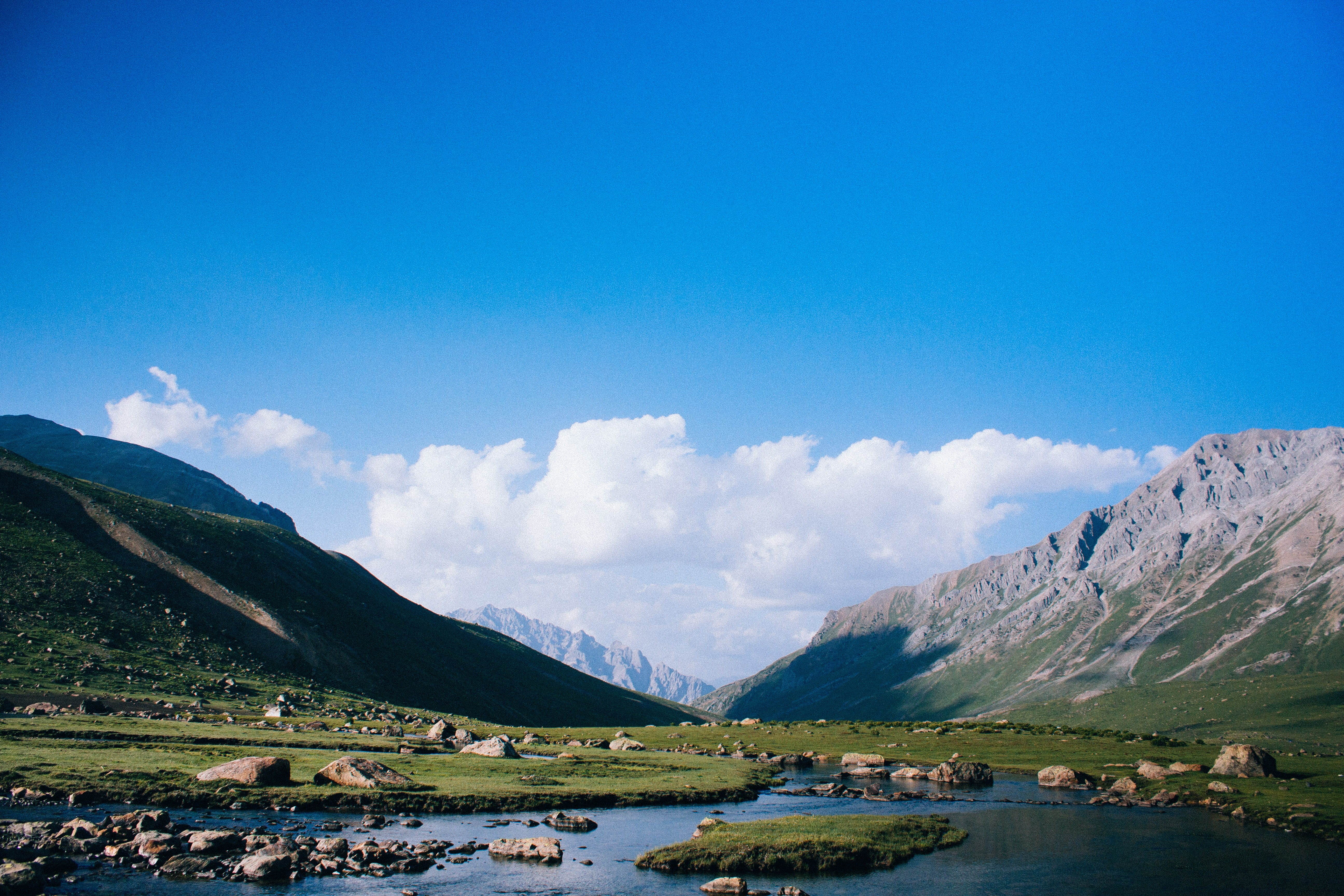 grass, travel destinations, fields, day, water, ladakh, trek, lakes, jammu and kashmir, clouds, mountains, mountain range, river, tranquility, scenics - nature, HD Wallpaper