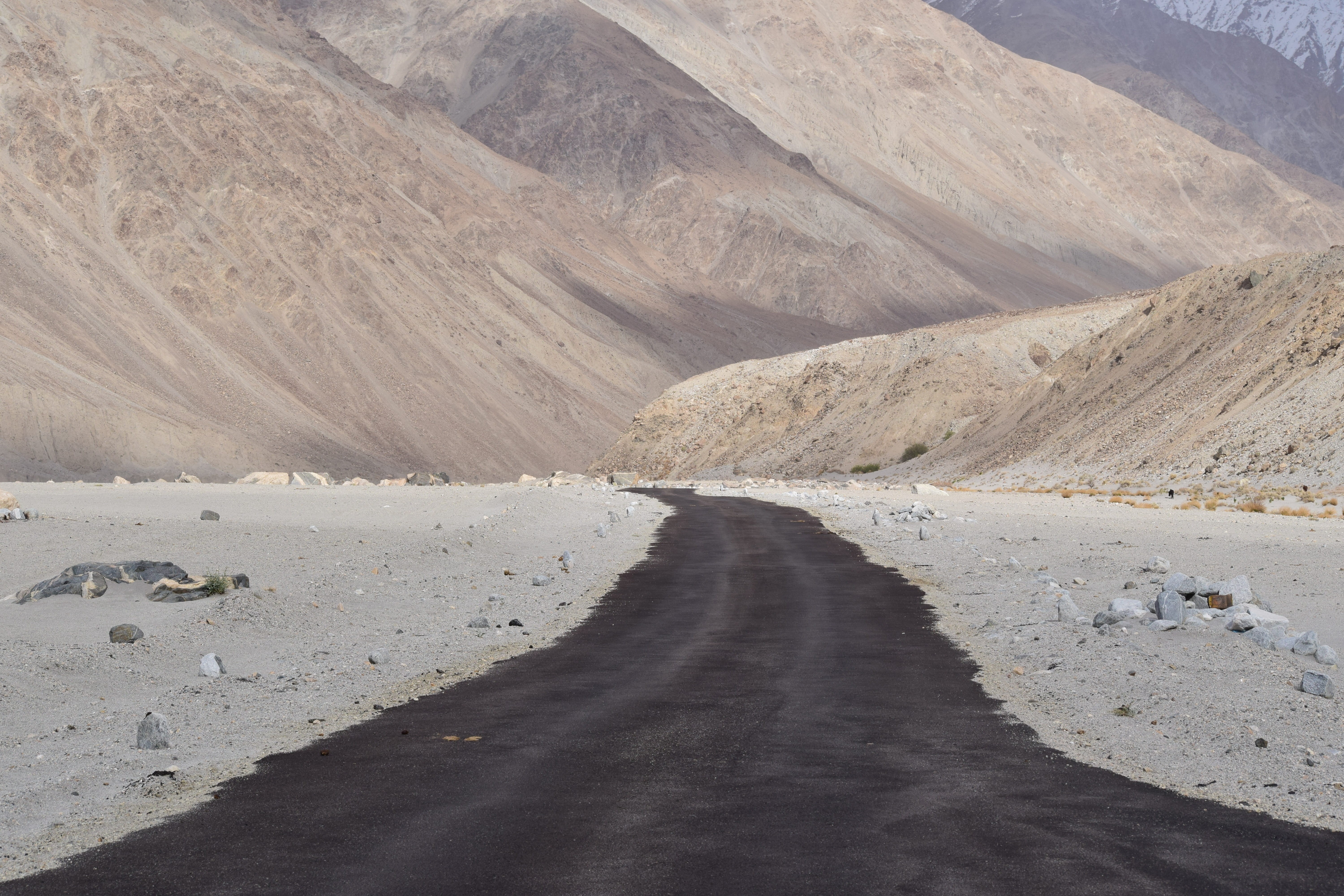 beauty in nature, rock - object, direction, valley, mountain, leh, route, ladakh, 5K, geology, desert, water, sand, hundar, land, empty, rock, road, lone road, HD Wallpaper