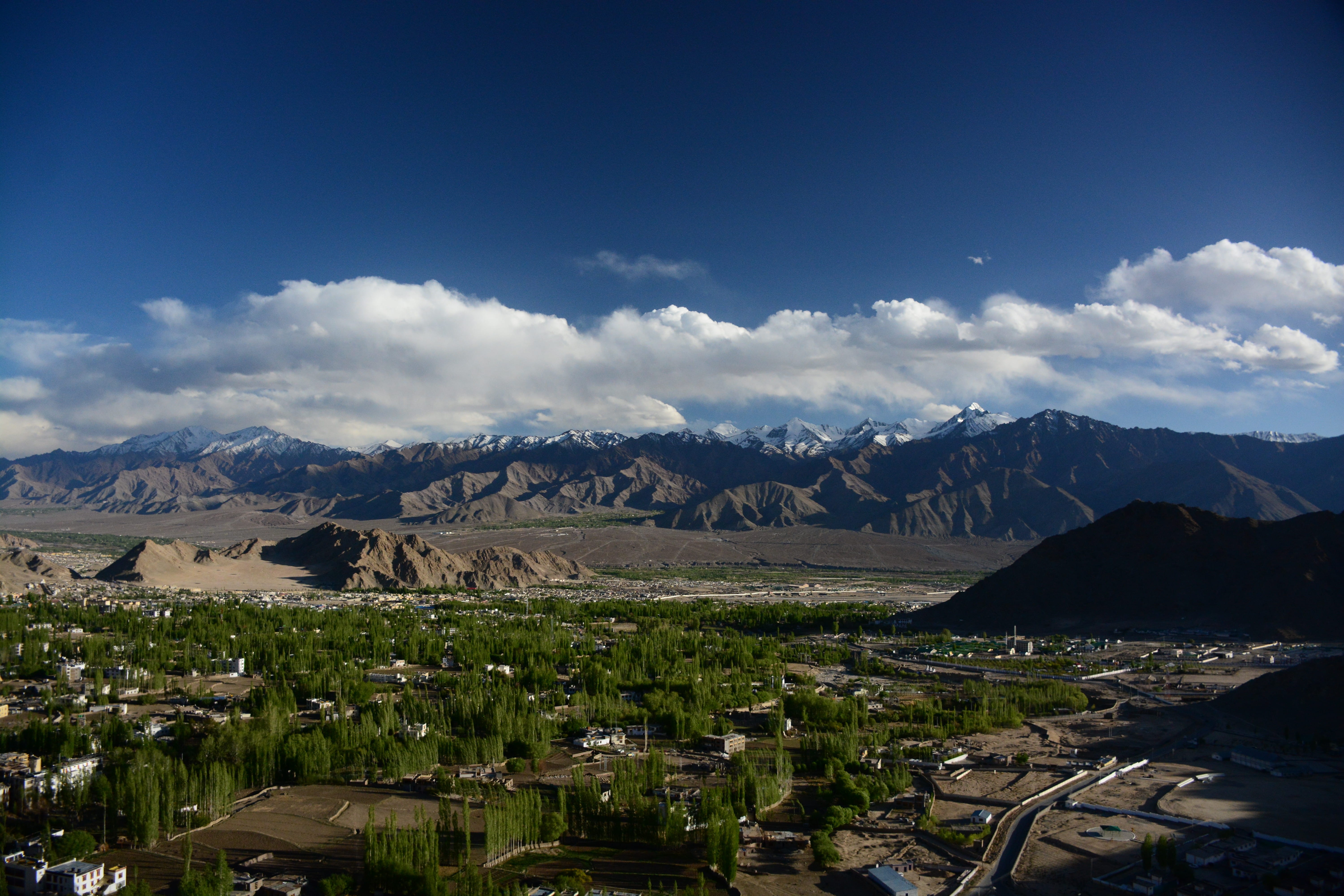 landscape, lake, 5K, beauty in nature, trees, himalaya, environment, leh, mountains, tranquility, tranquil scene, day, building, water, ladakh, outdoors, HD Wallpaper