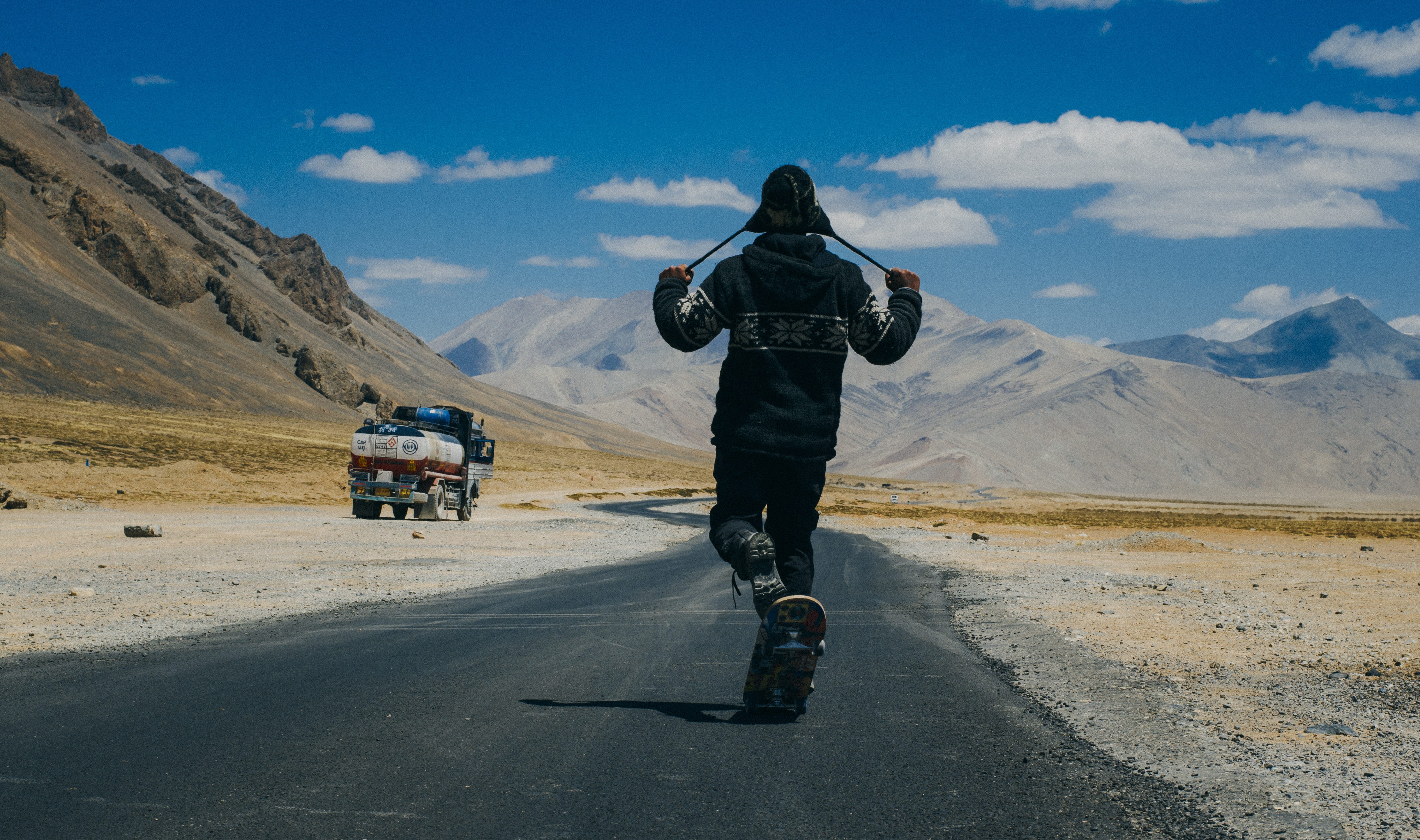 environment, daylight, sky, road, motorcycle, 4K, adventure, landscape, one person, adult, strap, person, leisure activity, travel, walking, cloud - sky, HD Wallpaper