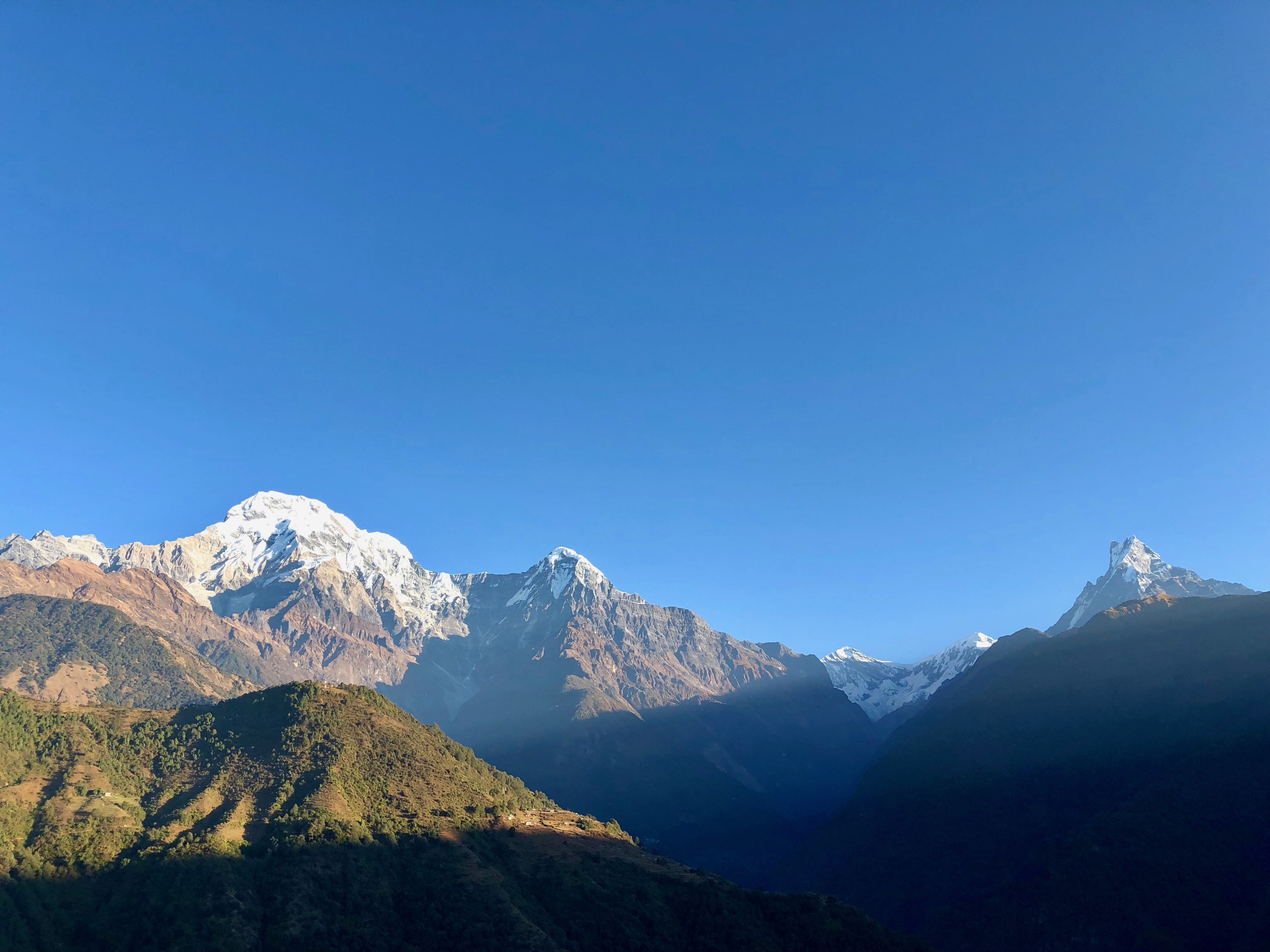 nature, scenics - nature, copy space, no people, landscape, himalaya, mountain, nepal, formation, ghandruk, idyllic, machapuchere, blue, 4K, mountains, HD Wallpaper