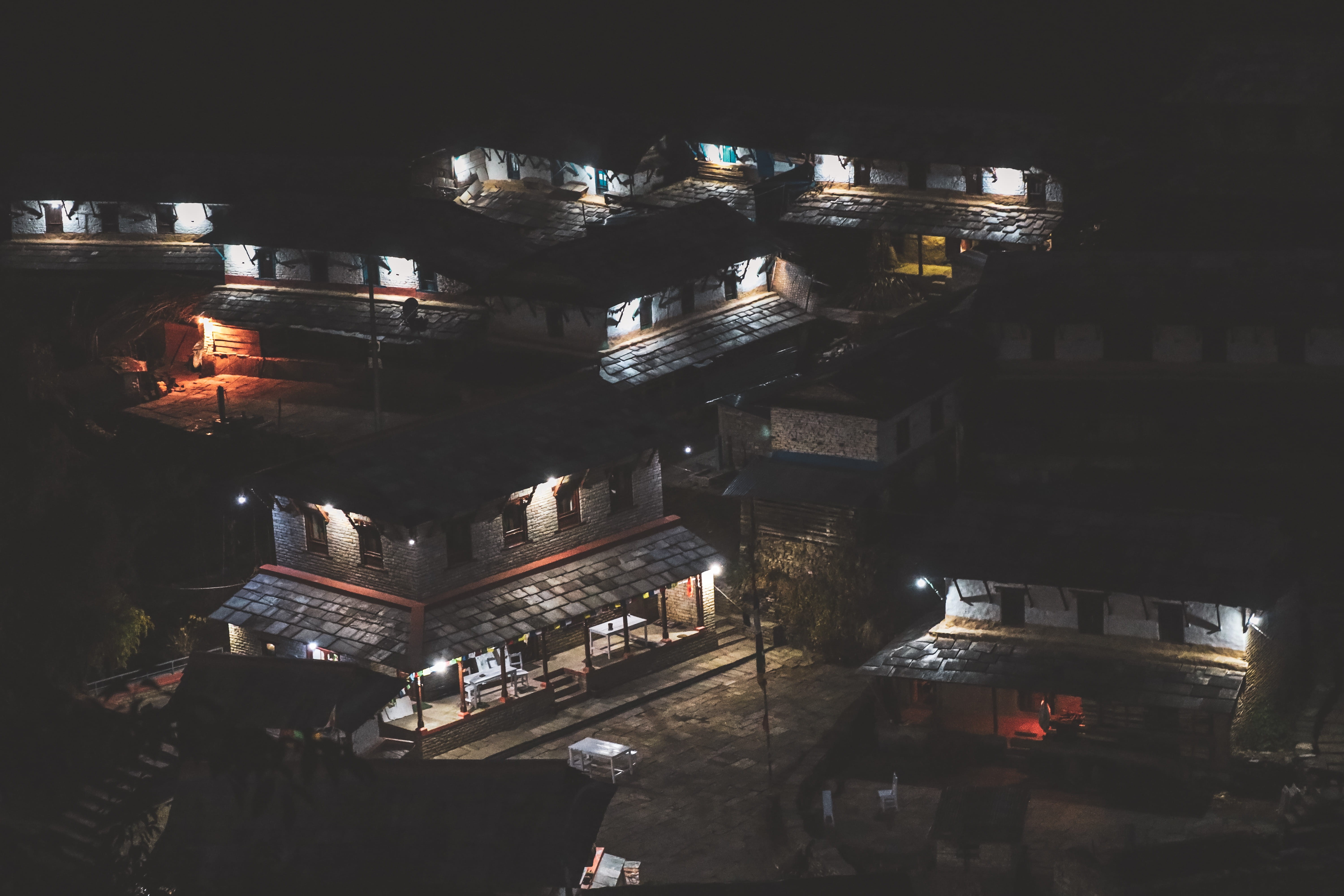 travel destinations, illuminated, nature, architecture, residential district, street view, dark, outdoors, aerial view, town, built structure, landscape, HD Wallpaper