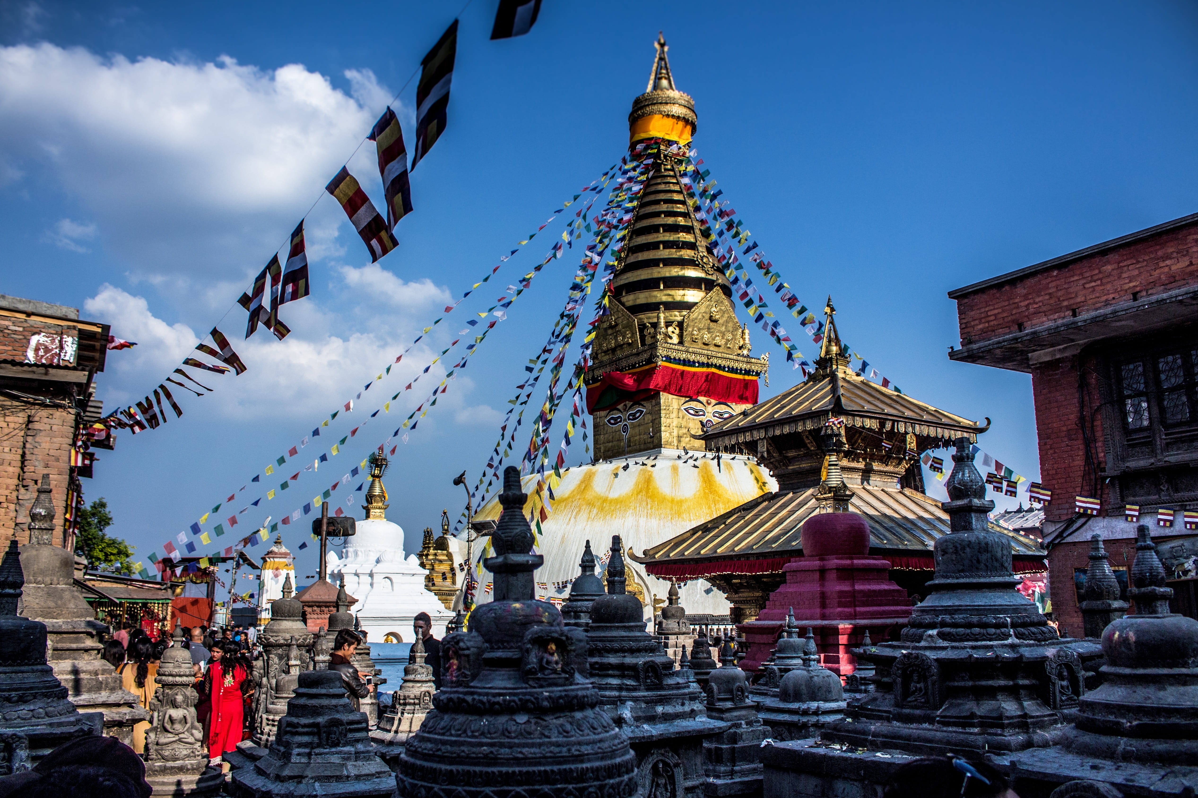 spirituality, sky, cloud - sky, low angle view, building exterior, spire, travel destinations, group of people, swayambhu maha chaitya, nepal, nature, religion, HD Wallpaper