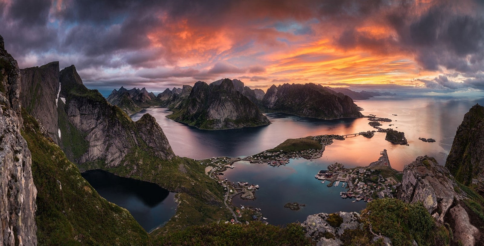 rock, rock - object, outdoors, sunset, morning, Lofoten Islands, beauty in nature, town, environment, water, beach, island, scenics - nature, sky, cloud - sky, HD Wallpaper