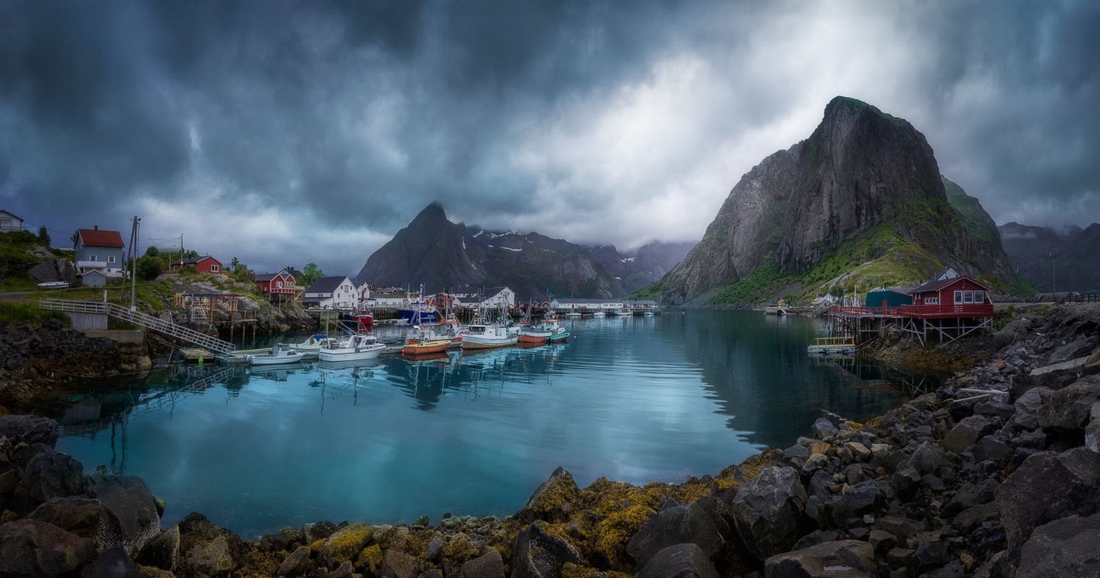 mountain, village, rock, boat, 720P, Norway, nautical vessel, scenics - nature, outdoors, nature, mountains, reflection, sky, Lofoten Islands, sea, mode of transportation, HD Wallpaper