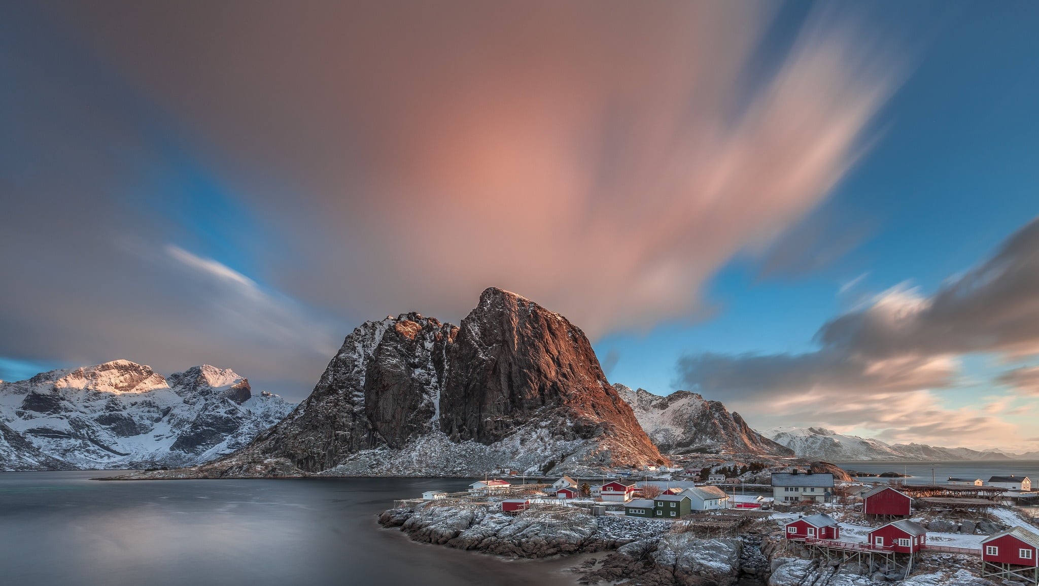 brown, Lofoten, nature, sea, house, 1080P, tranquility, cloud - sky, landscape, black, concrete, scenics - nature, solid, Norway, tranquil scene, nautical vessel, HD Wallpaper