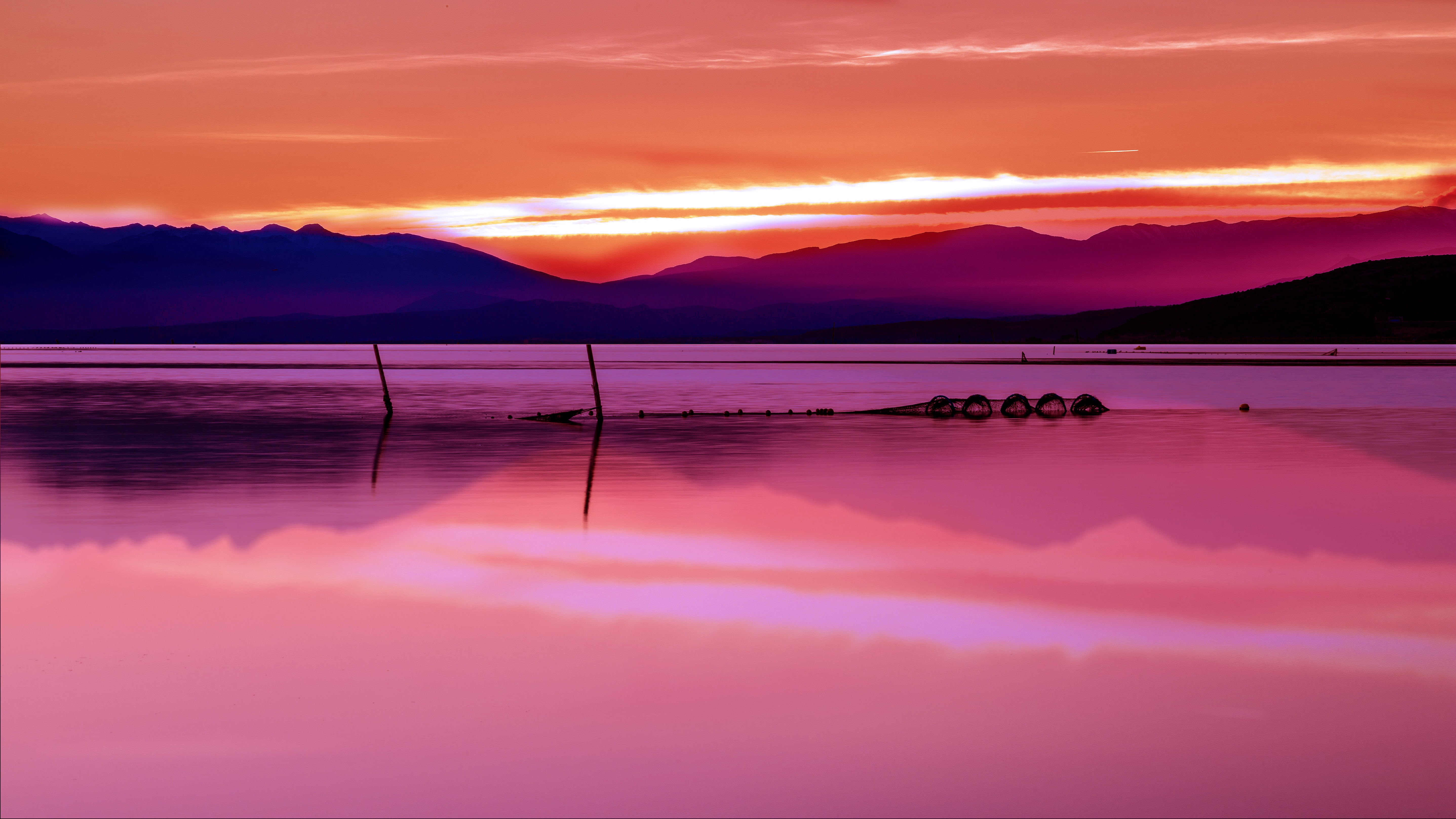 Etang de Leucate, sky, scenics, ciel, languedoc, colors, mountains, leucate, montagne, sunset, lake, clouds, reflection, pic, nature, water, région, surrounded, HD Wallpaper