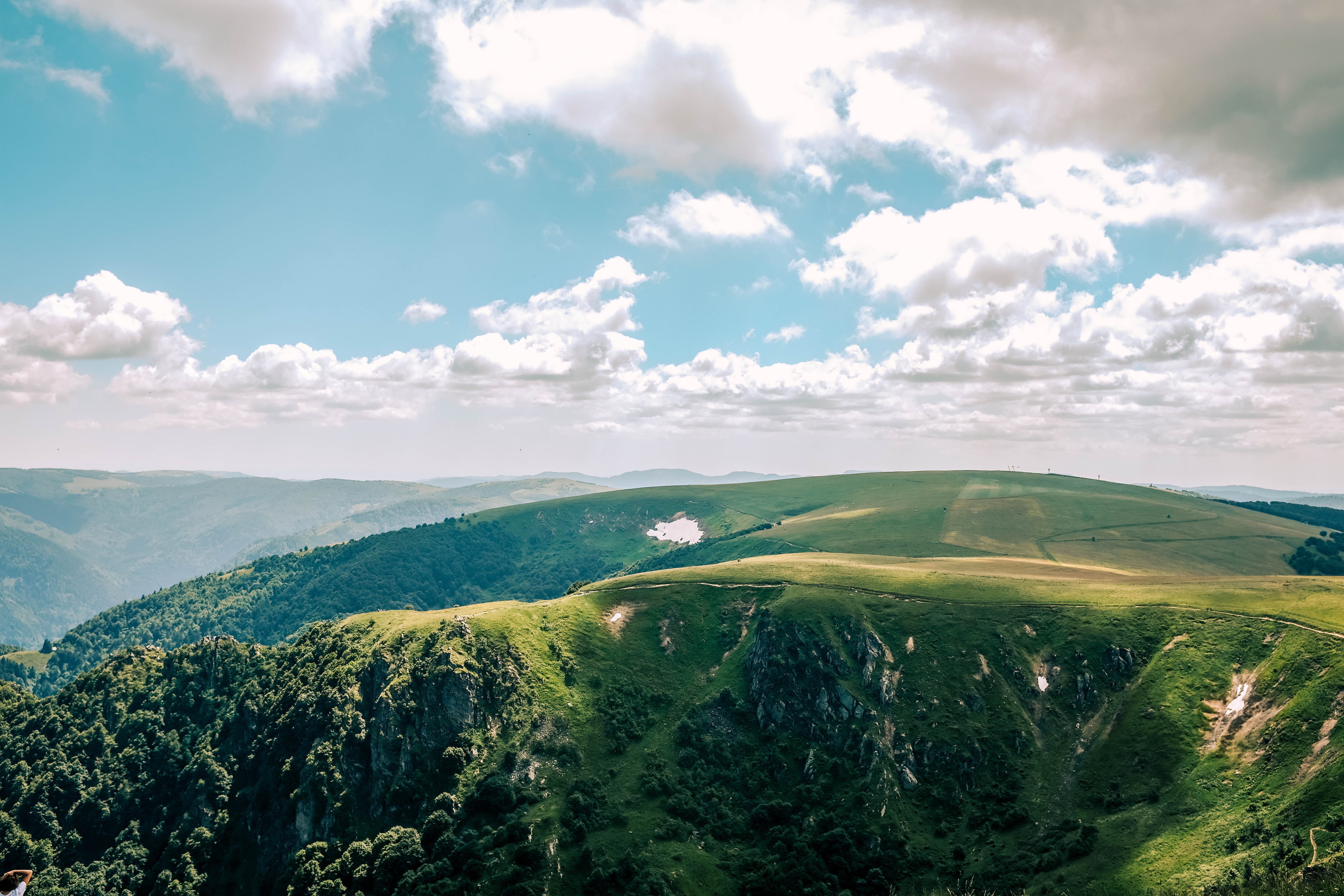 mountain, idyllic, snow, sky, france, environment, blue, tranquility, plant, cloud, green color, tranquil scene, vosges, cloud - sky, landscape, 5K, day, HD Wallpaper