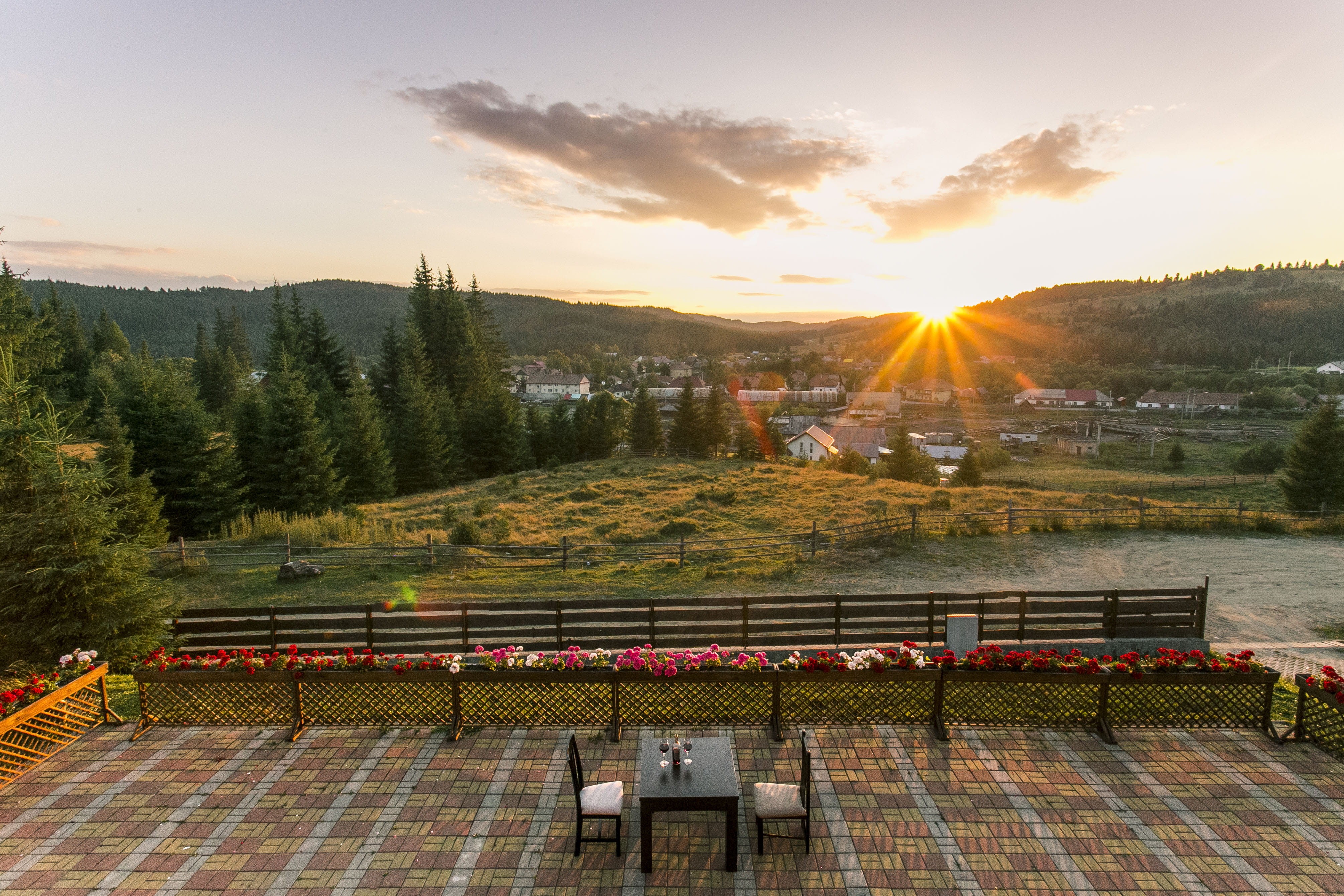 whine, sky, hills, diner, romantic, scenics - nature, 4K, glasses, built structure, orange color, sunset, two, no people, building exterior, forest, tranquility, HD Wallpaper