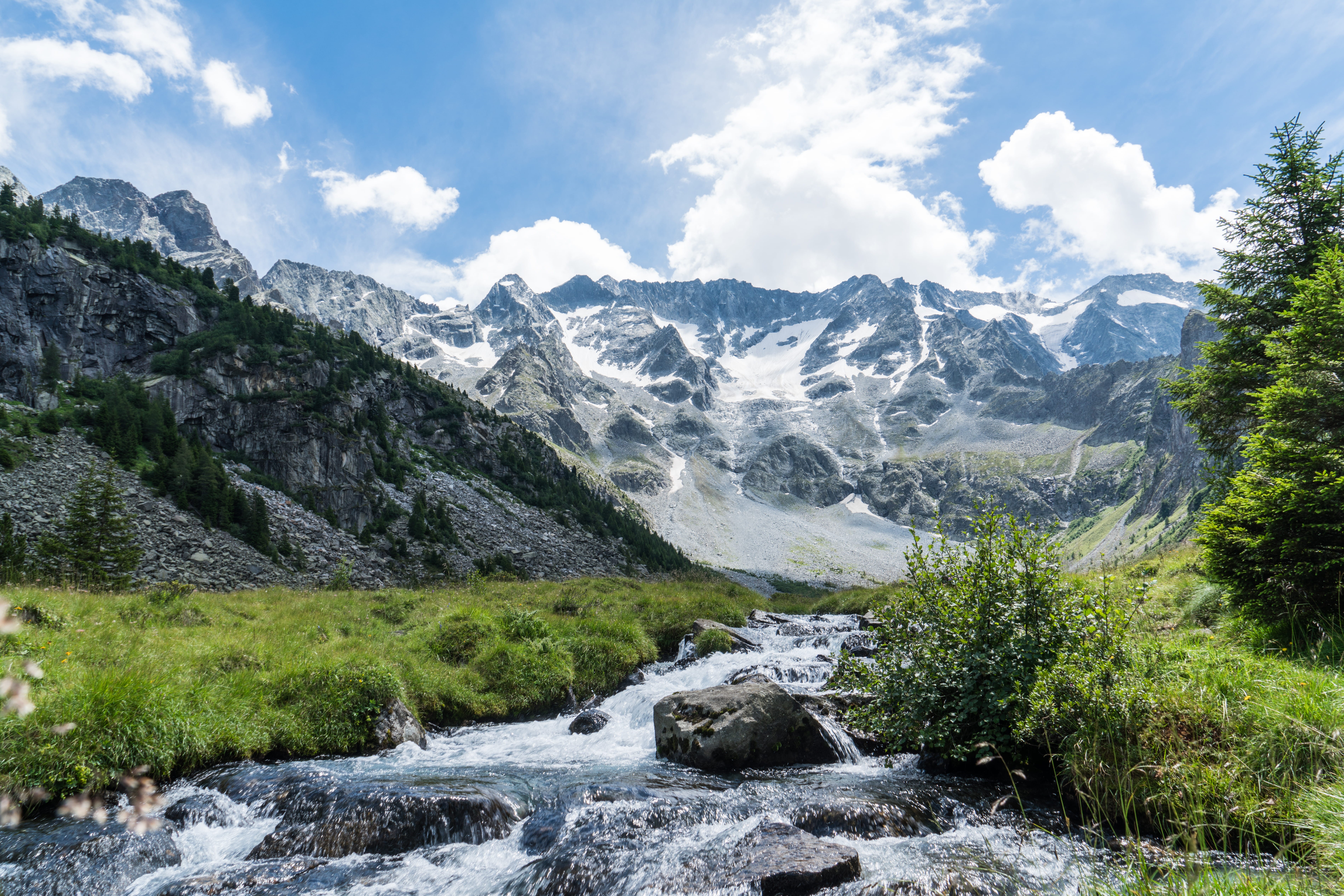 italy, nature, land, solid, water, rock - object, snow, non-urban scene, mountain peak, flowing water, sky, 5K, environment, waterfall, mountain river, HD Wallpaper