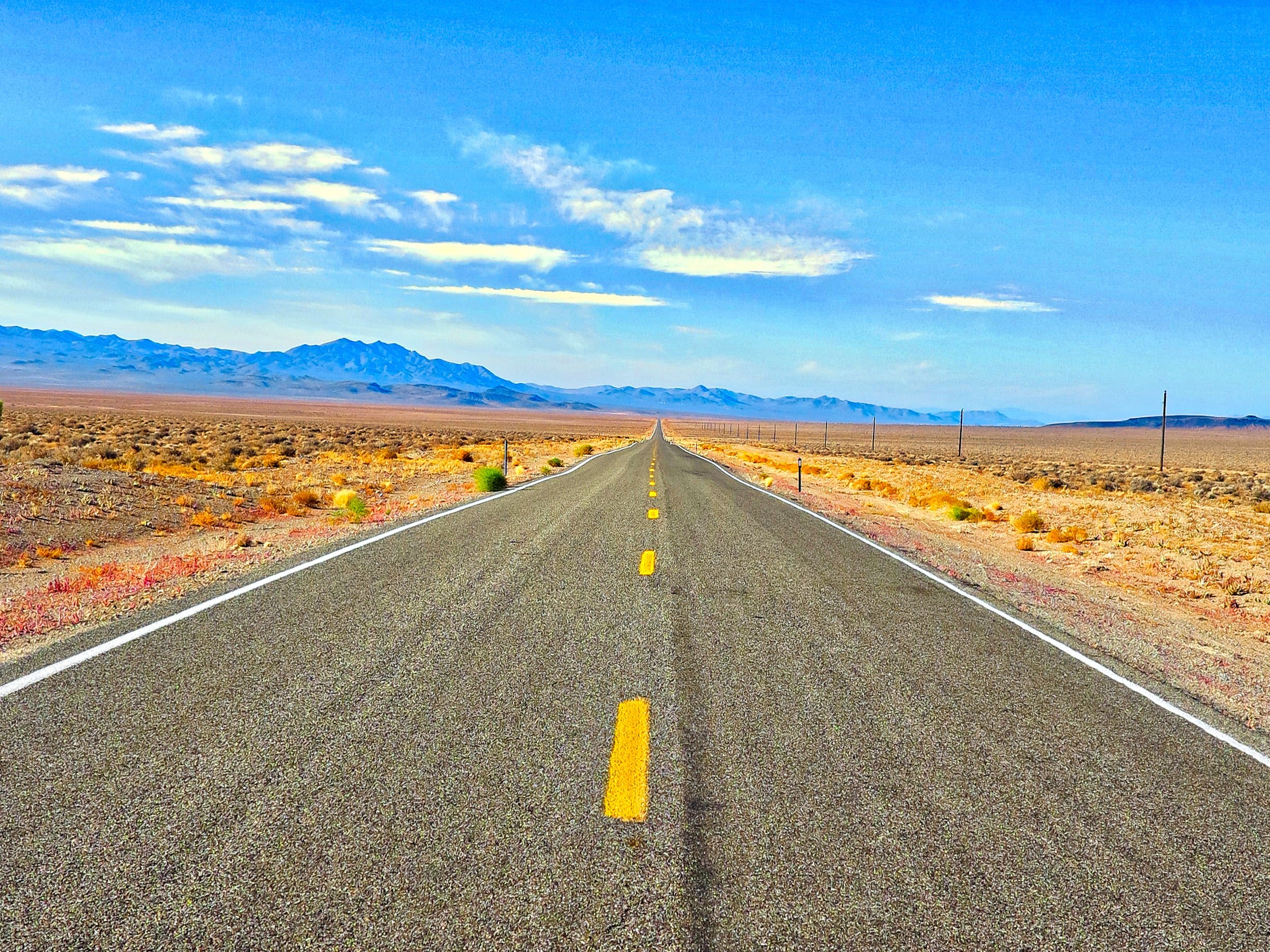 the way forward, summer, nevada, dry, rural, transportation, vanishing point, blue sky, marking, pavement, beautiful, clouds, landscape, no people, desert, HD Wallpaper