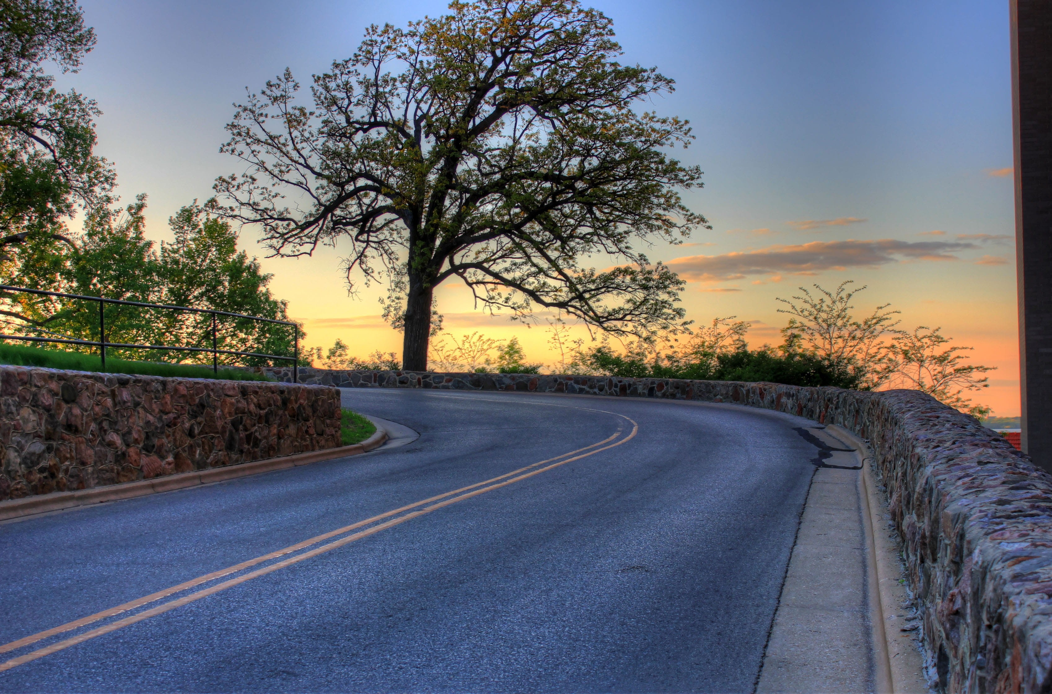 2K, Sunset, Wisconsin, madison, tranquility, empty, road marking, street, wisconsin, road, asphalt, diminishing perspective, tree, sky, transportation, HD Wallpaper