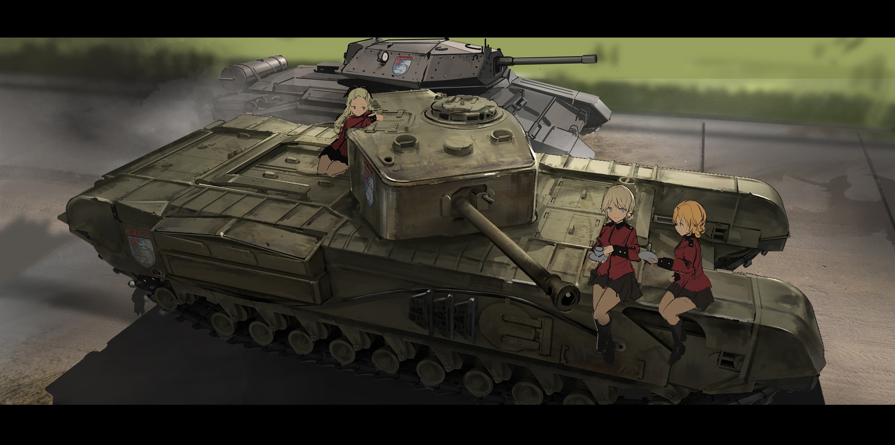 anime, blue eyes, 2K, army, day, weapon, Churchill Mk.VII, armed forces, technology, Cruiser Mk.VI, anime girls, Assam (Girls und Panzer), outdoors, war, HD Wallpaper