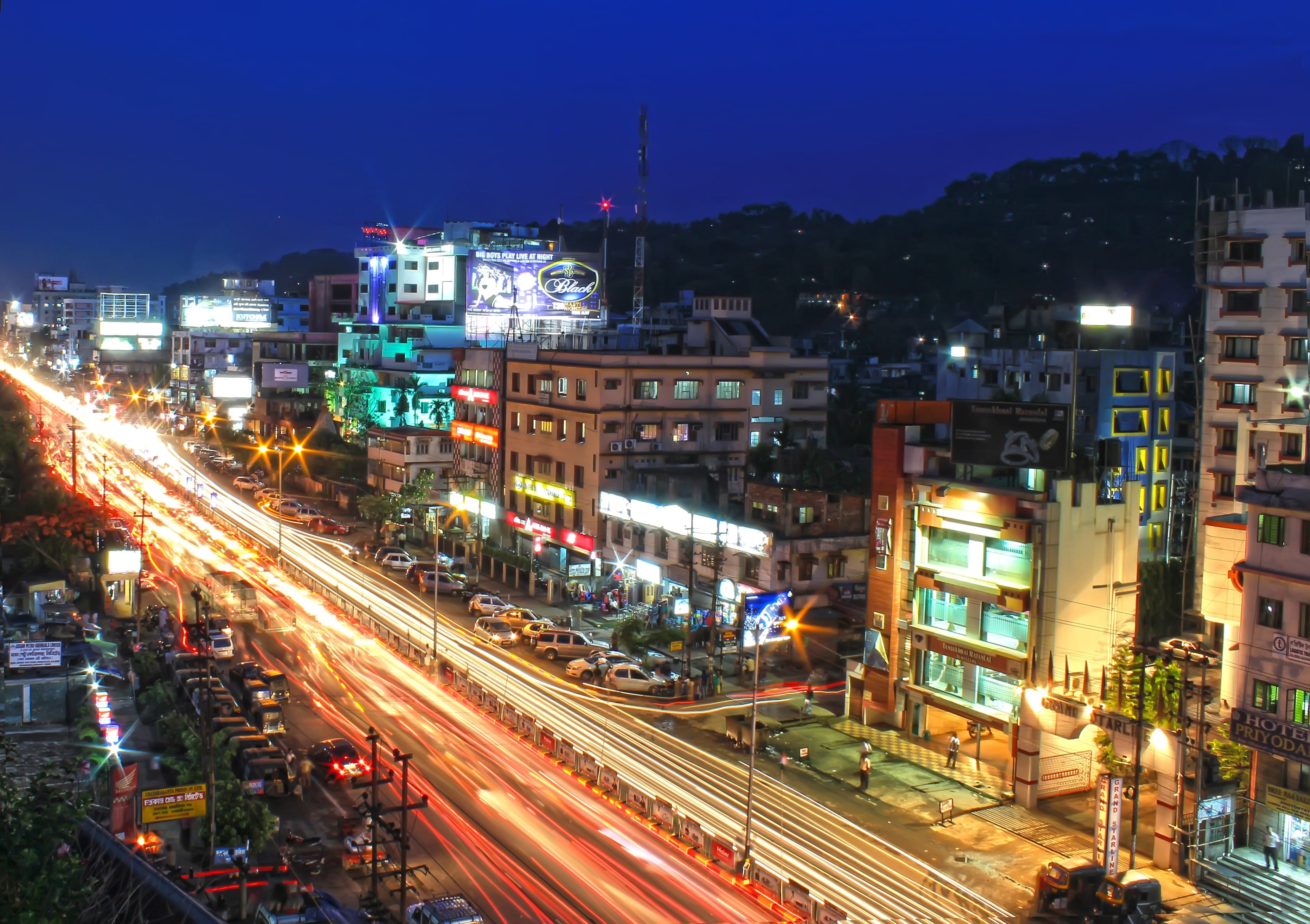 India, Night, Guwahati, city life, nighttime, illuminated, cars, Assam, no people, city street, light trail, traffic, rail transportation, outside, long exposure, HD Wallpaper