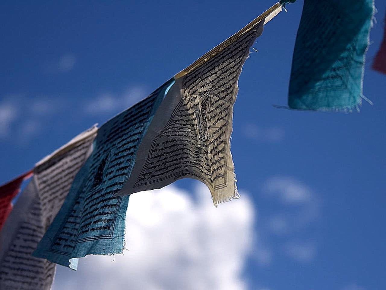 720P, religion, Flags, environment, building exterior, snow, flags, Prayer, Breeze, building, day, sacred, Buddhism, built structure, low angle view, flag, HD Wallpaper