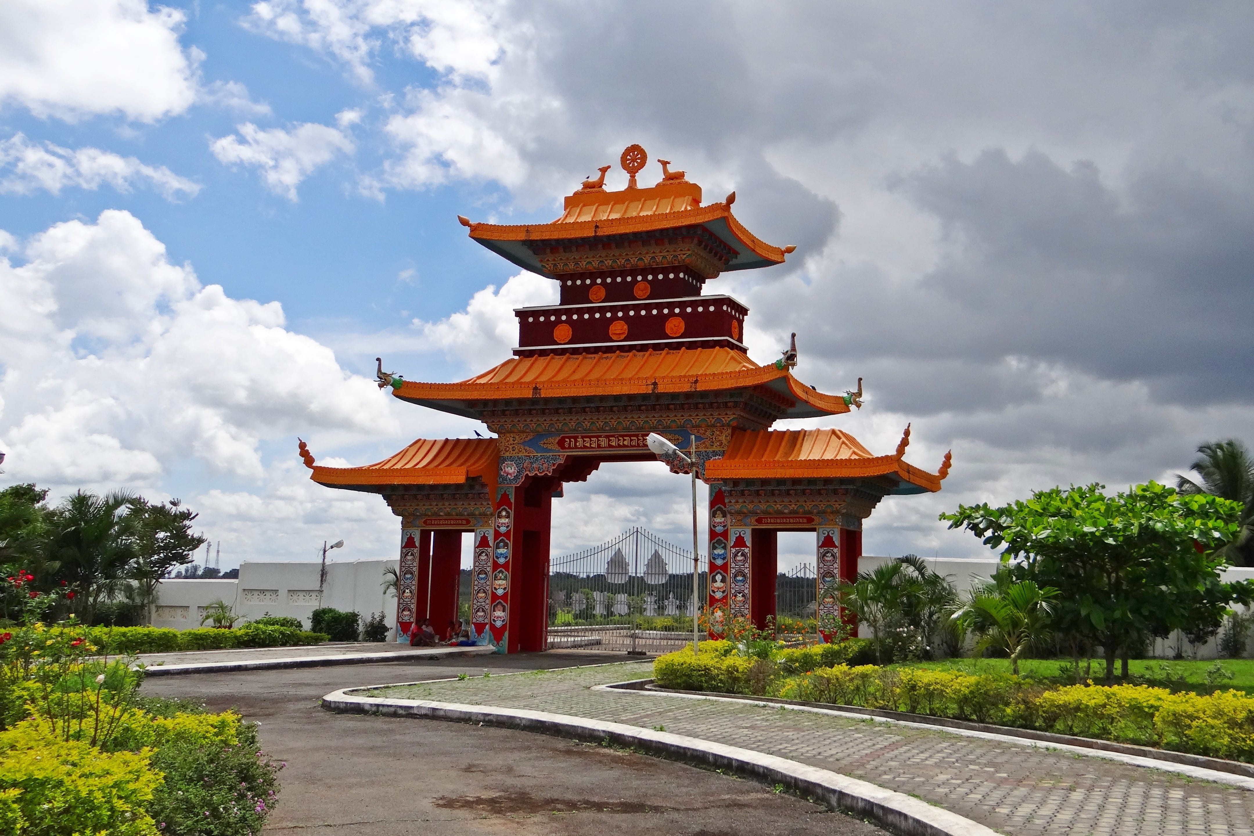 travel, religion, history, travel destinations, sky, Chinese arch, stratocumulus-clouds, outdoors, plant, building exterior, tree, mini tibet, karnataka, HD Wallpaper