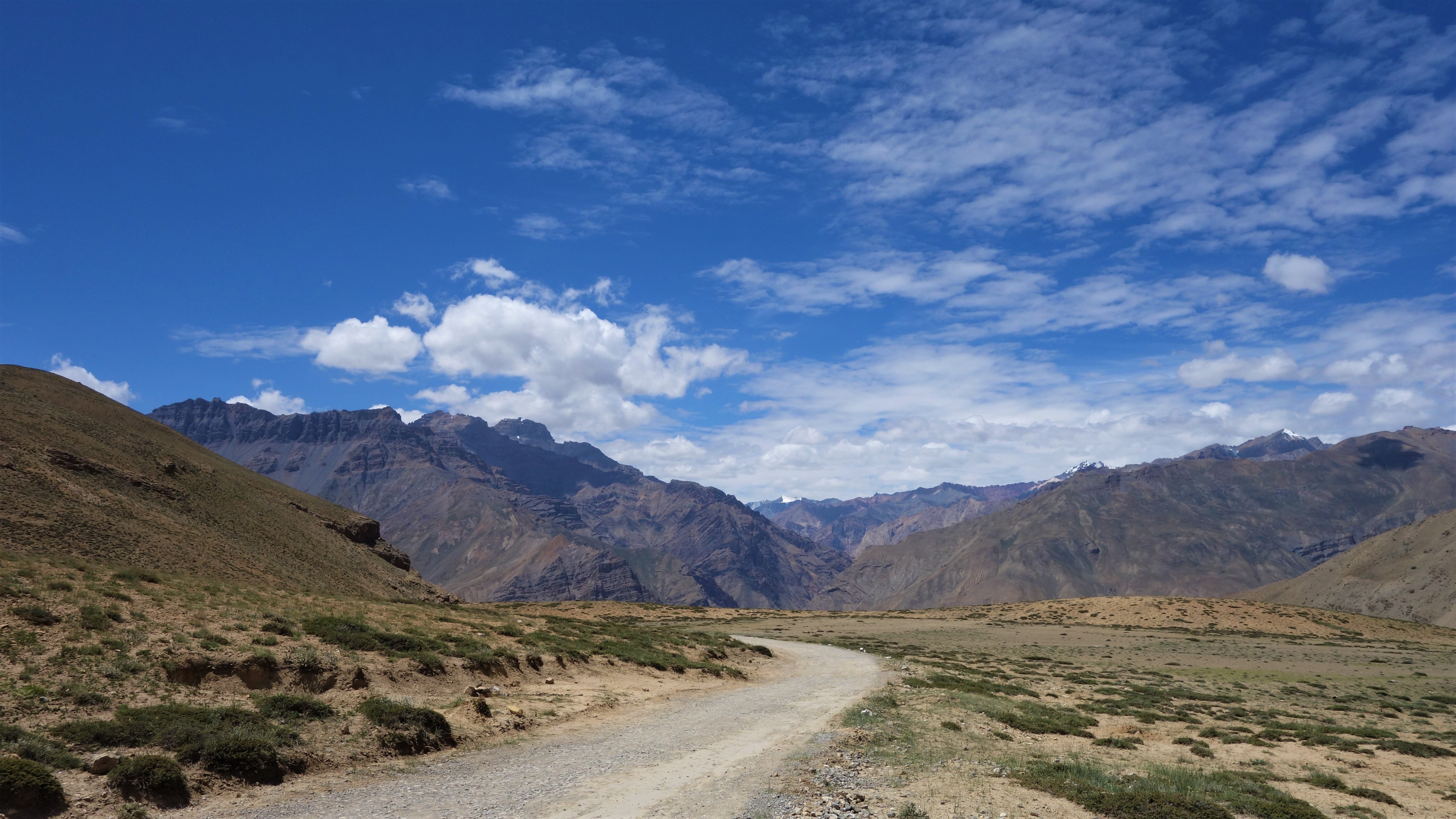 spiti, dirt road, cloud - sky, mountain range, sky, travel, mountain, the way forward, remote, arid climate, tranquil scene, tranquility, outdoors, formation, HD Wallpaper